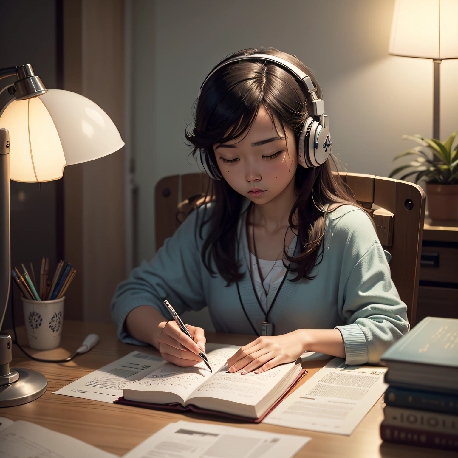 ((lo fi music for study: 1.3) +(japanese aesthetic: 1.1))e(auto-estudo:0.9),Minimalista, Ambiente, cores silenciadas,peaceful, Relaxed, aconchegante,calmo,ritmo lento,conducive for concentration,reconfortante, night time, livro aberto, coffee cup, desk lamp, light rain outside,estudante, headphones on head,leitura, produtivo. --auto