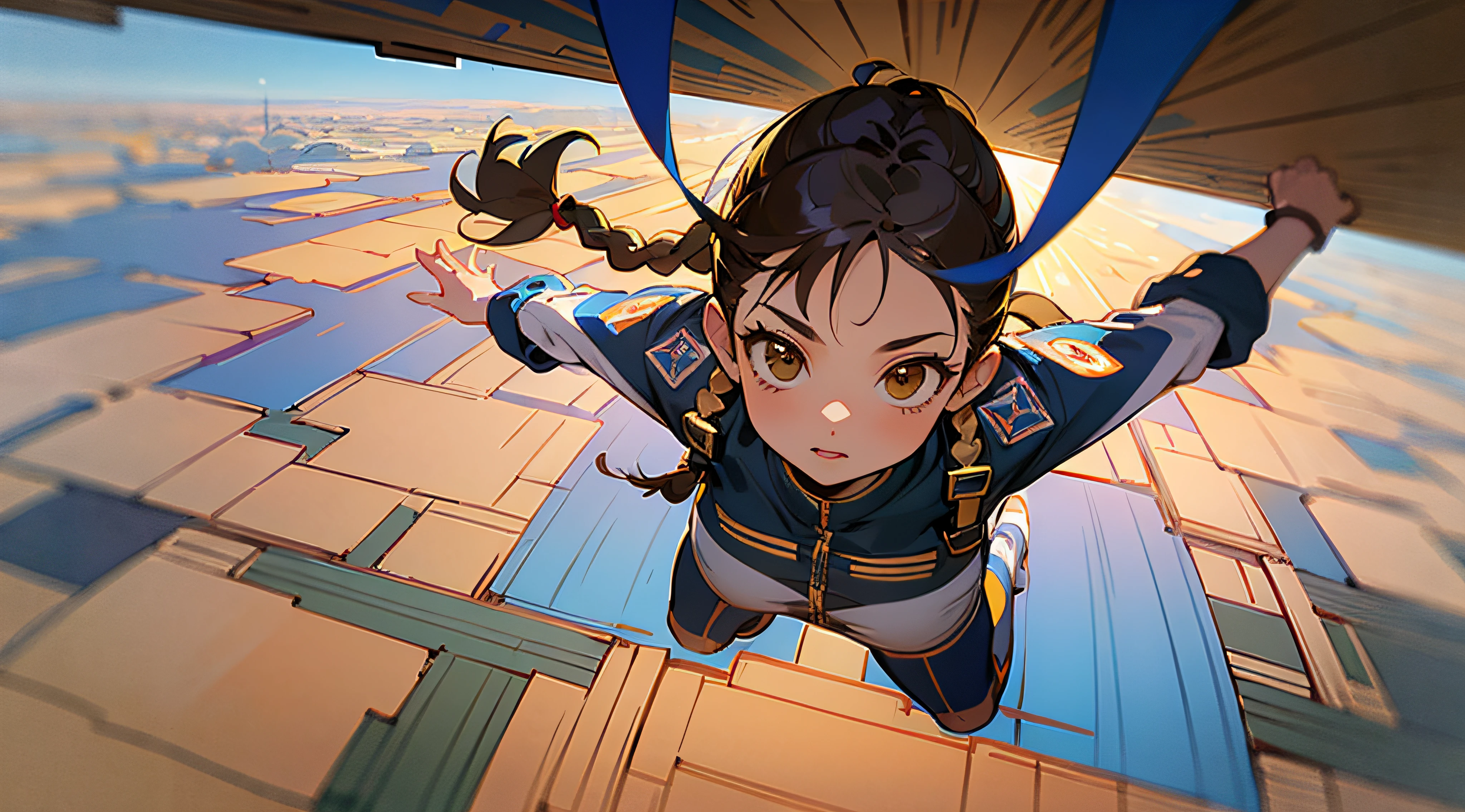 there is a woman with a braid in her hair,artworks, sportrait，Two-dimensional painting style，Full avatar，The surfaces are complete，airborne，the panorama，full body pose，Skydiving process，Whole body，Sky clouds in background，Golden rice paddies on the ground，The ground is all golden，Hand redraw，Palms open