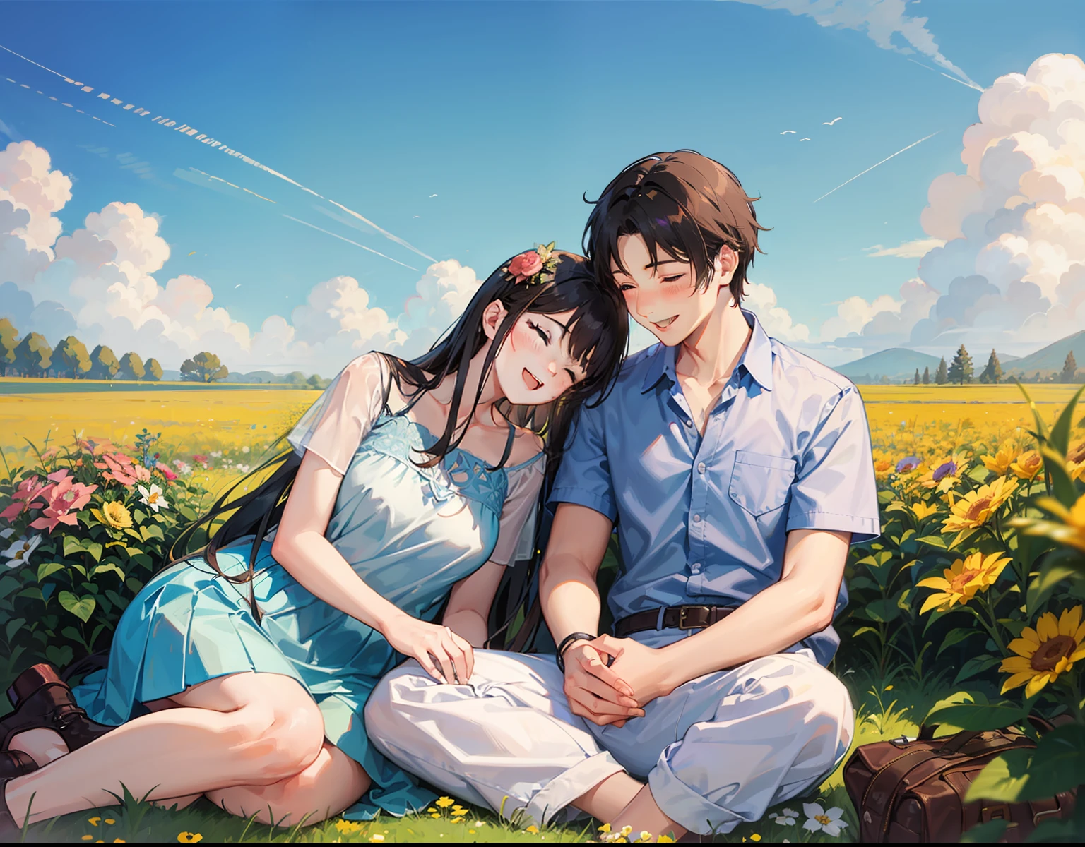 couple, 1girl, 1boy, boy sleep on girl's lap, smile, laugh, romantic atmosphere, behind the flower, flower field, blue sky, landscape