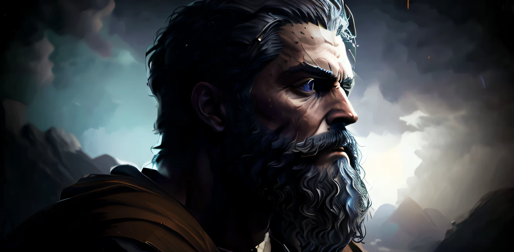 A man with beard and beard in scene, Petros Afshar Speedart, painted portrait of stout Zeus, Zeus portrait, cinematic full character, unreal motor character art, portrait of stout Zeus, with leonid beard, cinematic realistic portrait, epic scene of Zeus, epic digital art illustration, artgerm ; 3d unreal engine, epic portrait illustration, black and white style statue