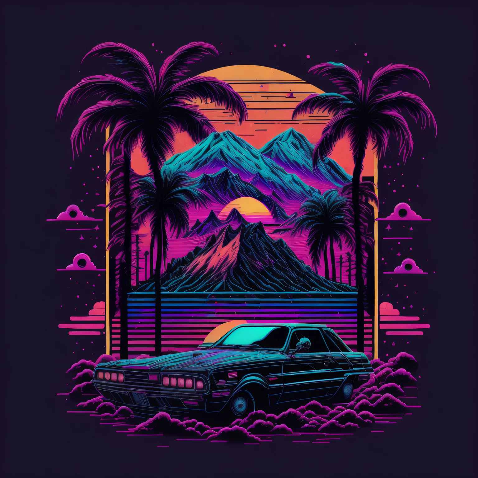 action shot of a monster truck, synthwave, tshirt vector , onclosed in a circle , sunset, contour, white background --auto