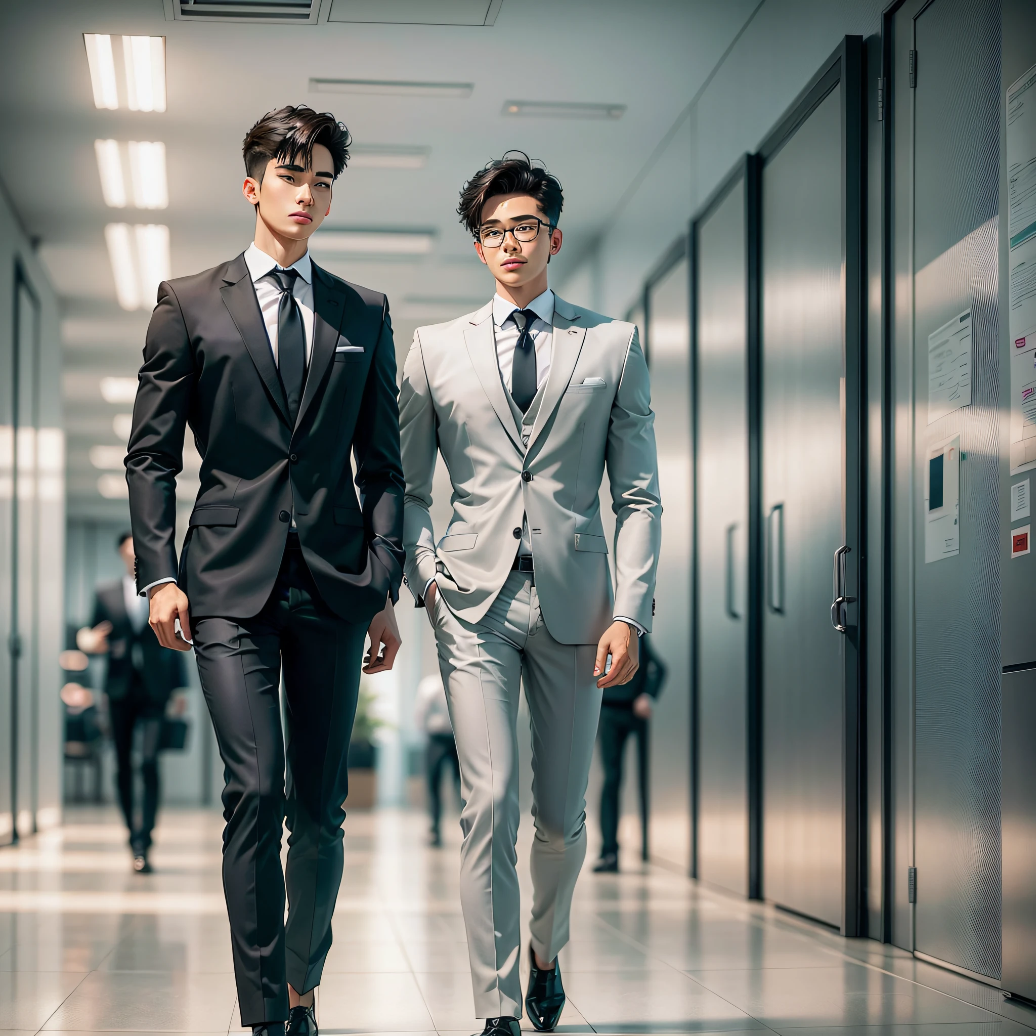Children's illustration style，Office building，Two people，All in suits，Smile Expression，One of them was holding a notebook，Another man was holding a briefcase，Scene of chat，standing pose --auto