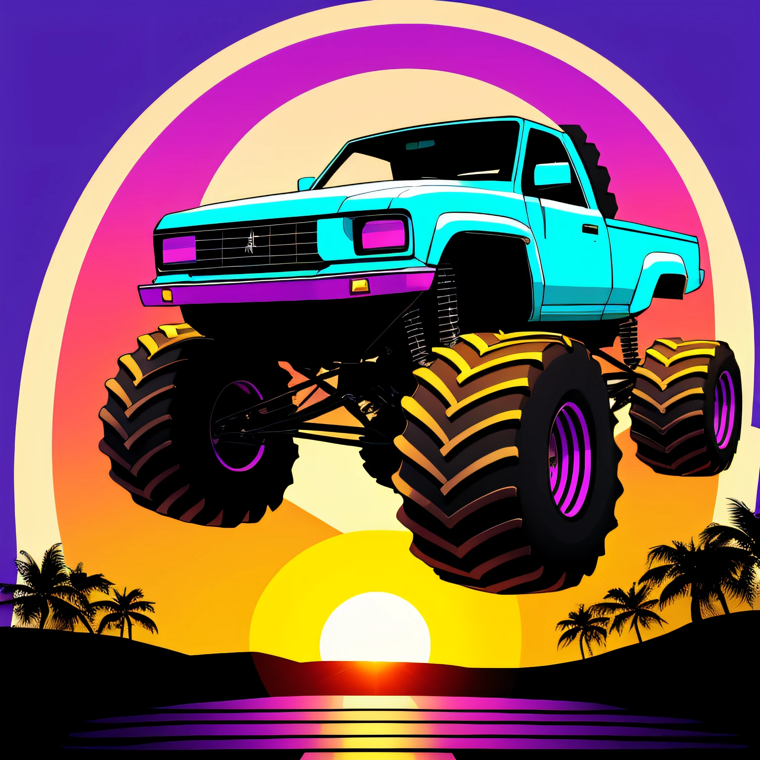 action shot of a monster truck, synthwave, tshirt vector , onclosed in a circle , sunset, contour, white background --auto