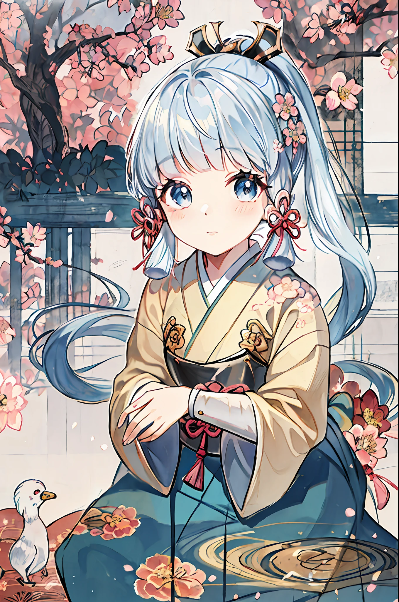in kimono,(whitehair,Qi bangs:1.2),(loli face:1.1),Delicate face,(Peach blossom eyes:1.1),kamisato ayaka,(The painting style is cute:1.1),Ayaka,kamisato ayaka,view from distance