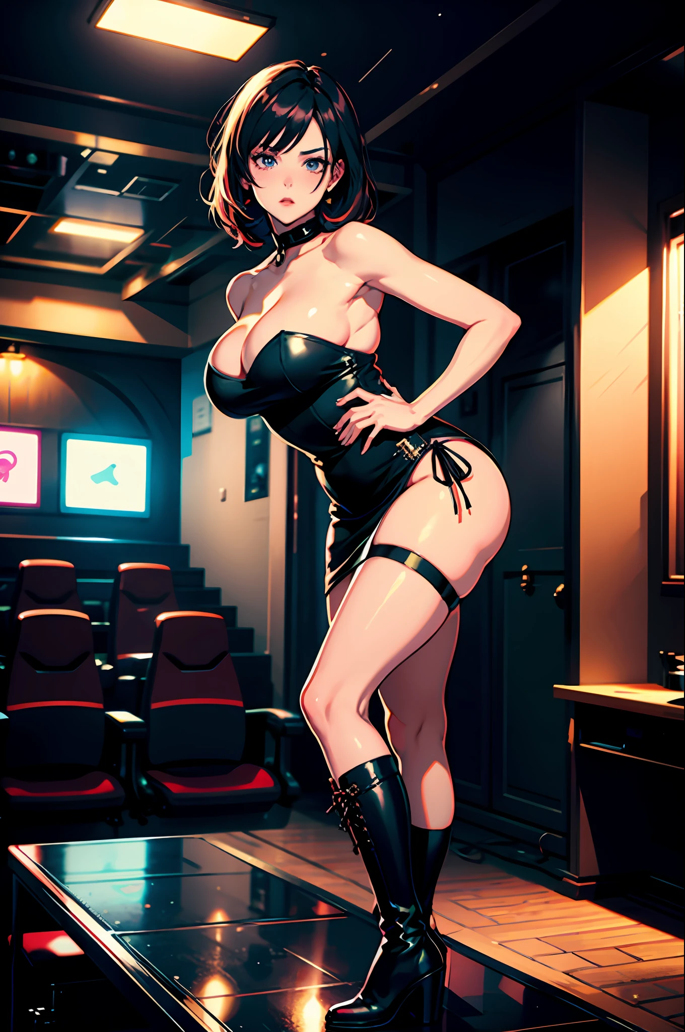 1girls, vocalist, Delicate and beautiful face, get blush, Various hairstyles, Hair strips dyeing, Angry, parted lips, Wear ear back,Busty chest, Convex buttocks, Bandeau dress, Stockings,Black boots,perfectly proportioned, Detailed clothing details, theater, auditorium,Cinematic lighting, filmgrain, Fujicolor, Contrast of light and shade, 8K, Masterpiece, Textured skin, Super detail, high-detailed, High quality, high - resolution,