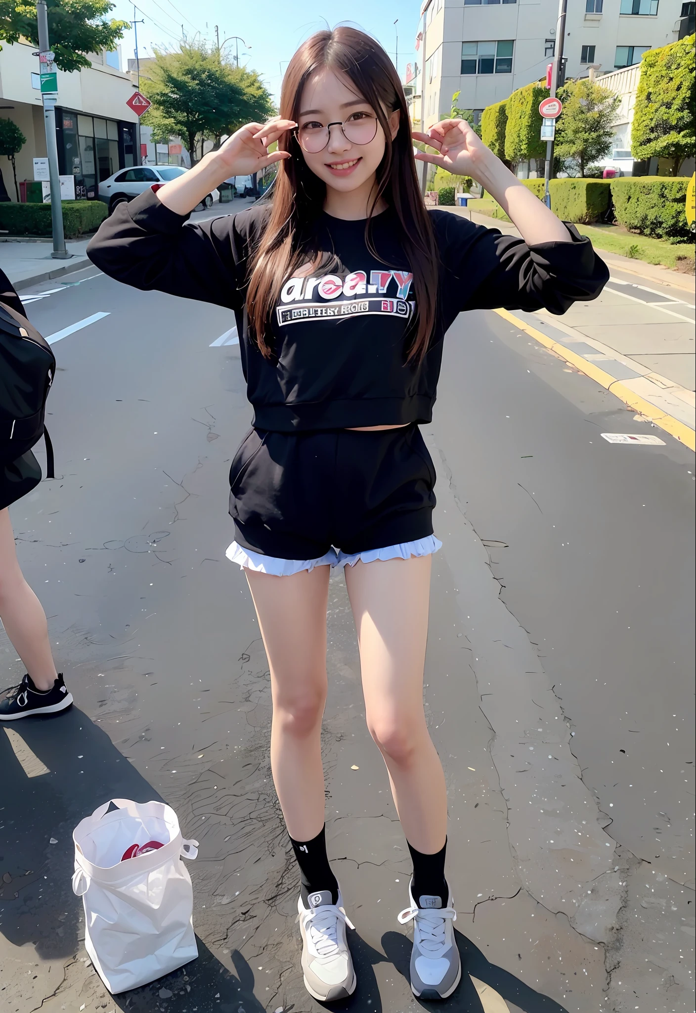 bob cuts、Cute age girl、AKnB48 Team TP、AKn B48 、(A masterpie、best qulaity:1.2)、ultra-highres、(photorealestic:1.4)、Detailed skin、cinematic lighting、friendly、intelligent、Get carried away by the conversation、happiness、cordial、Energetic and、Cheerful and、Be creative、Glittering eyes and infectious smile、in street、upper-body、full full body、Long hairs、eye glass、8K