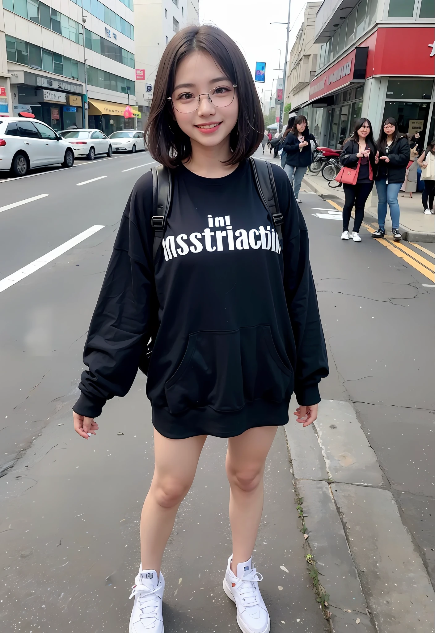 bob cuts、Cute teenage girl、AKnB48 Team TP、AKn B48 、(A masterpie、best qulaity:1.2)、ultra-highres、(photorealestic:1.4)、Detailed skin、cinematic lighting、friendly、intelligent、Get carried away by the conversation、happiness、cordial、Energetic and、Cheerful and、Be creative、Glittering eyes and infectious smile、in street、upper-body、full full body、Long hairs、eye glass、8K