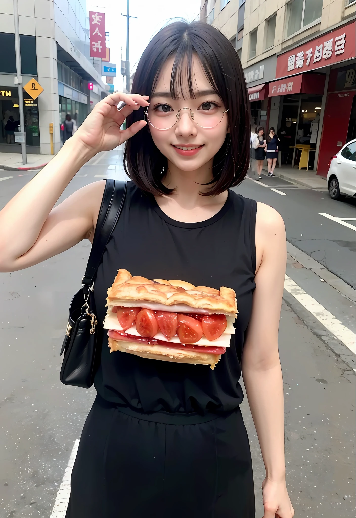 bob cuts、Cute teenage girl、AKnB48 Team TP、AKn B48 、(A masterpie、best qulaity:1.2)、ultra-highres、(photorealestic:1.4)、Detailed skin、cinematic lighting、friendly、intelligent、Get carried away by the conversation、happiness、cordial、Energetic and、Cheerful and、Be creative、Glittering eyes and infectious smile、in street、upper-body、full full body、Long hairs、eye glass、8K