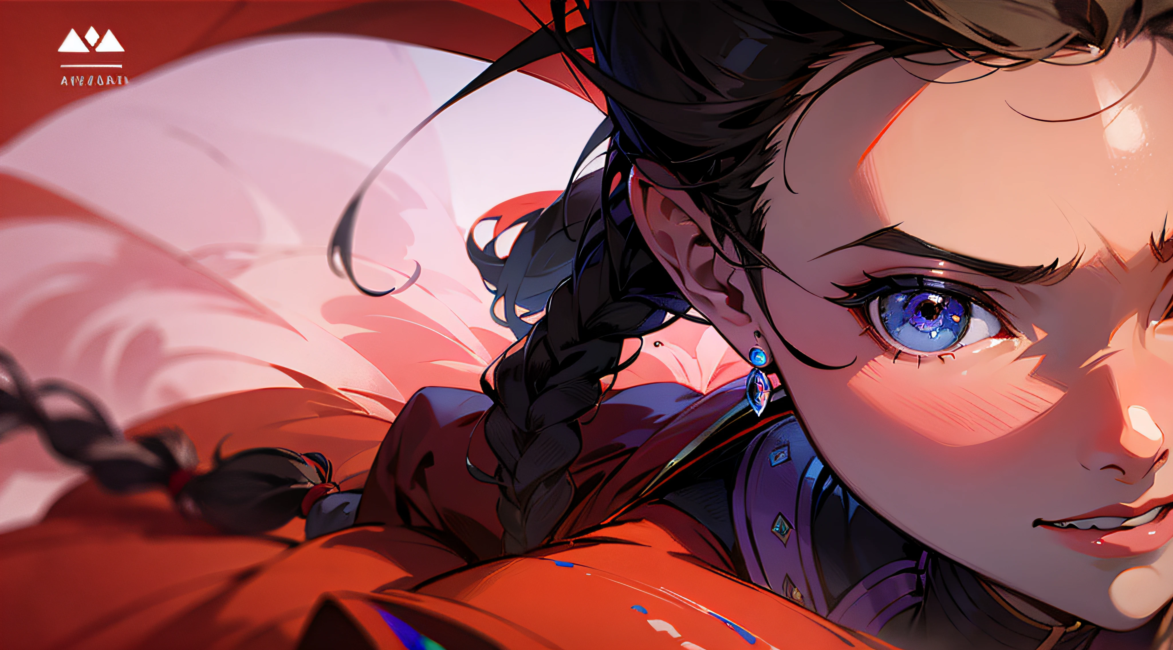 there is a woman with a braid in her hair,artworks, sportrait,Two-dimensional painting style,Full avatar,The surfaces are complete,airborne,the panorama,full body pose