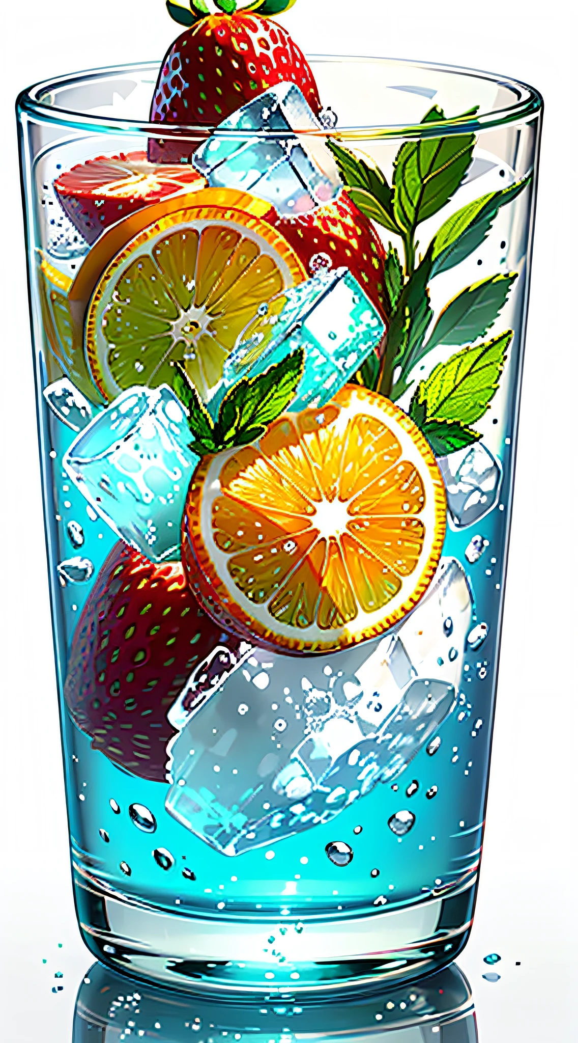 A glass of soft drink,Frozen,Freeze effect,white background,There are several strawberries inside,There are mint leaves,Cut small orange green,There are ice cubes,A few ice cubes scattered in the air,Super realistic food pictures,The full subject is shown in the photo,Randy Post, hyper realistic ", hyper realistic", high res photo