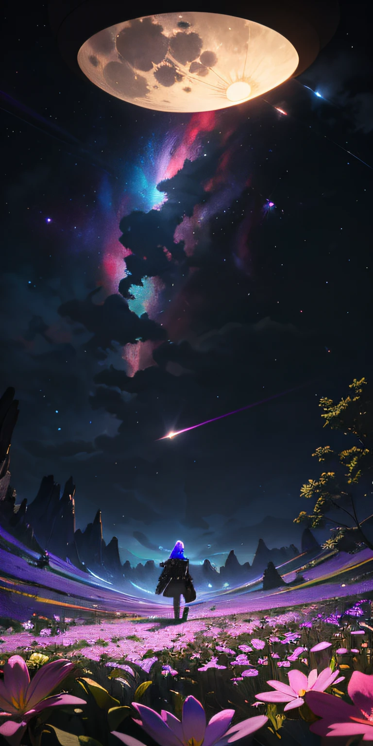 expansive landscape photograph , (a view from below that shows sky above and open field below), a girl standing on flower field looking up, (full moon:1.2), ( shooting stars:0.9), (nebula:1.3), distant mountain, tree BREAK
production art, (warm light source:1.2), (Firefly:1.2), lamp, lot of purple and orange, intricate details, volumetric lighting BREAK
(masterpiece:1.2), (best quality), 4k, ultra-detailed, (dynamic composition:1.4), highly detailed, colorful details,( iridescent colors:1.2), (glowing lighting, atmospheric lighting), dreamy, magical, (solo:1.2)