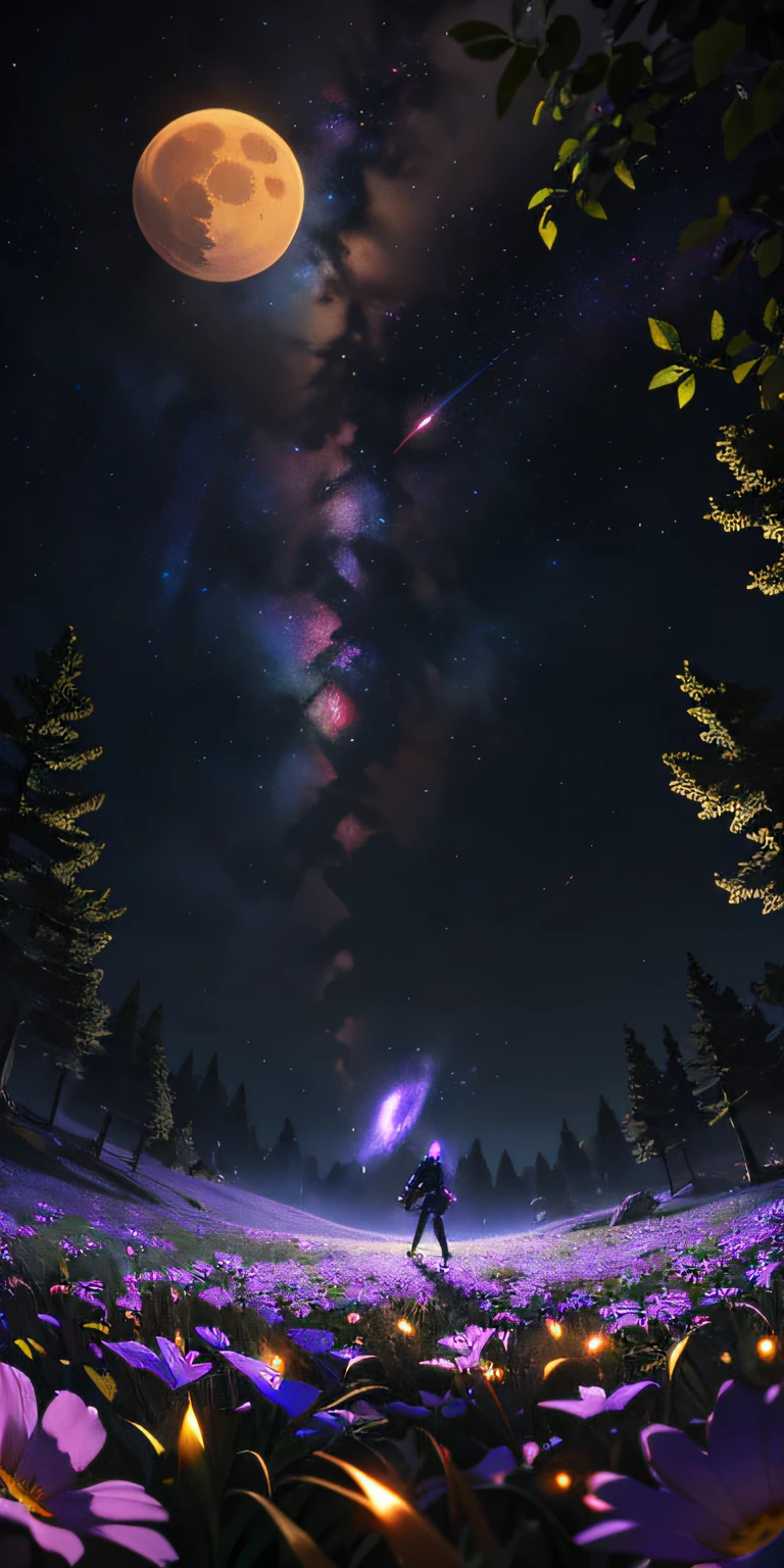 expansive landscape photograph , (a view from below that shows sky above and open field below), a girl standing on flower field looking up, (full moon:1.2), ( shooting stars:0.9), (nebula:1.3), distant mountain, tree BREAK
production art, (warm light source:1.2), (Firefly:1.2), lamp, lot of purple and orange, intricate details, volumetric lighting BREAK
(masterpiece:1.2), (best quality), 4k, ultra-detailed, (dynamic composition:1.4), highly detailed, colorful details,( iridescent colors:1.2), (glowing lighting, atmospheric lighting), dreamy, magical, (solo:1.2)