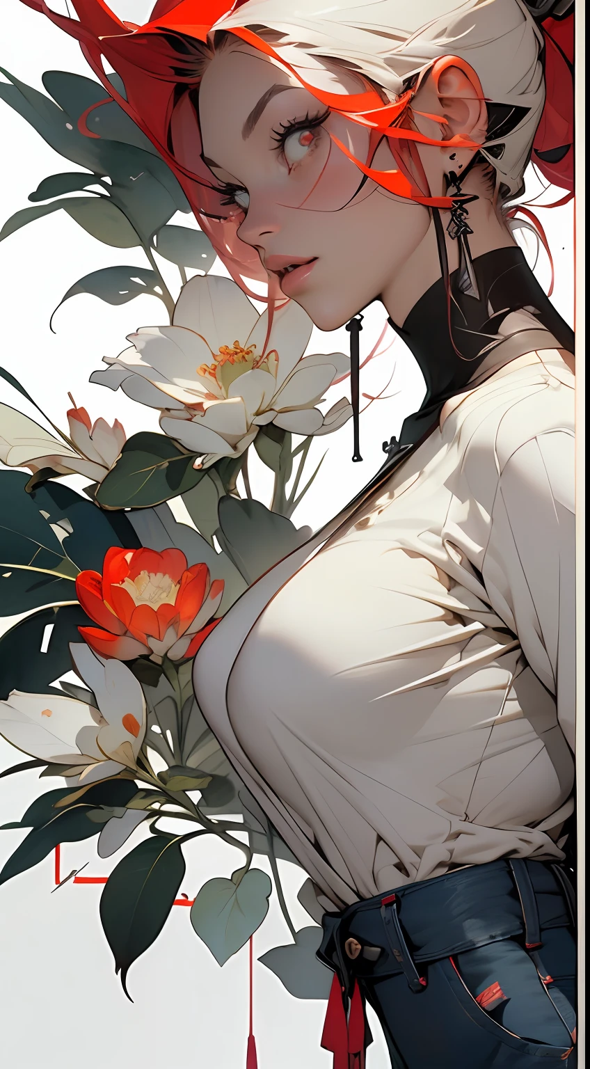 background, mixed-language_text, Japanese letters in featured graffit, beautiful woman, long red hair,::((best quality)), ((masterpiece)), (very detailed:1.3)(masterpiece:1.2, best quality), (finely detailed beautiful eyes: 1.2), (masterpiece:1.2, best quality), (finely detailed beautiful eyes: 1.2), ::style joe madureira comic stiyle ::2.9 (masterpiece:1.2, best quality), (finely detailed beautiful eyes: 1.2), ((1girl kelly brook very beautiful woman big breast )),  ((solo)), (red eyes:1.4), (finely detailed eyes and detailed face:1.3),), (with jeans and a white t-shirt or dress:1.3), (beautiful and clear background:1.2), (extremely detailed, ultra-detailed cg, best shadow:1.1), ((depth of field)), ((watercolor)), large breasts, bare shoulders, flowers and petals, beautiful conceptual illustration, (white background:0.5), (illustration:1.1), (extremely thin and beautiful:1.1),   (perfect details: 1.1), masterpiece, high quality, highres, detail enhancement, 8k, hd, masterpiece, best quality, high quality, highres, detail enhancement
