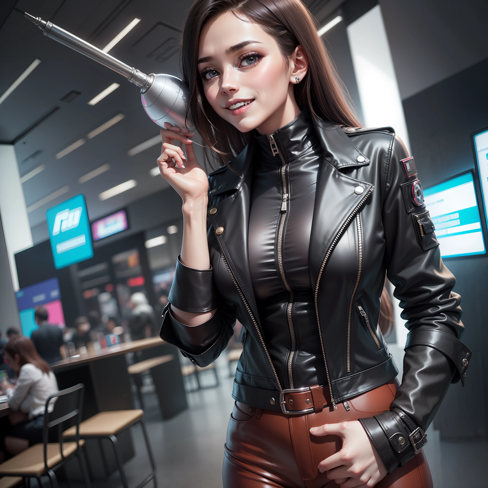 cyber punk a girl A futuristic world Beautiful girl leather jacket Leather pants Giant tits smile on face beste Quality A masterpie ultra-highres