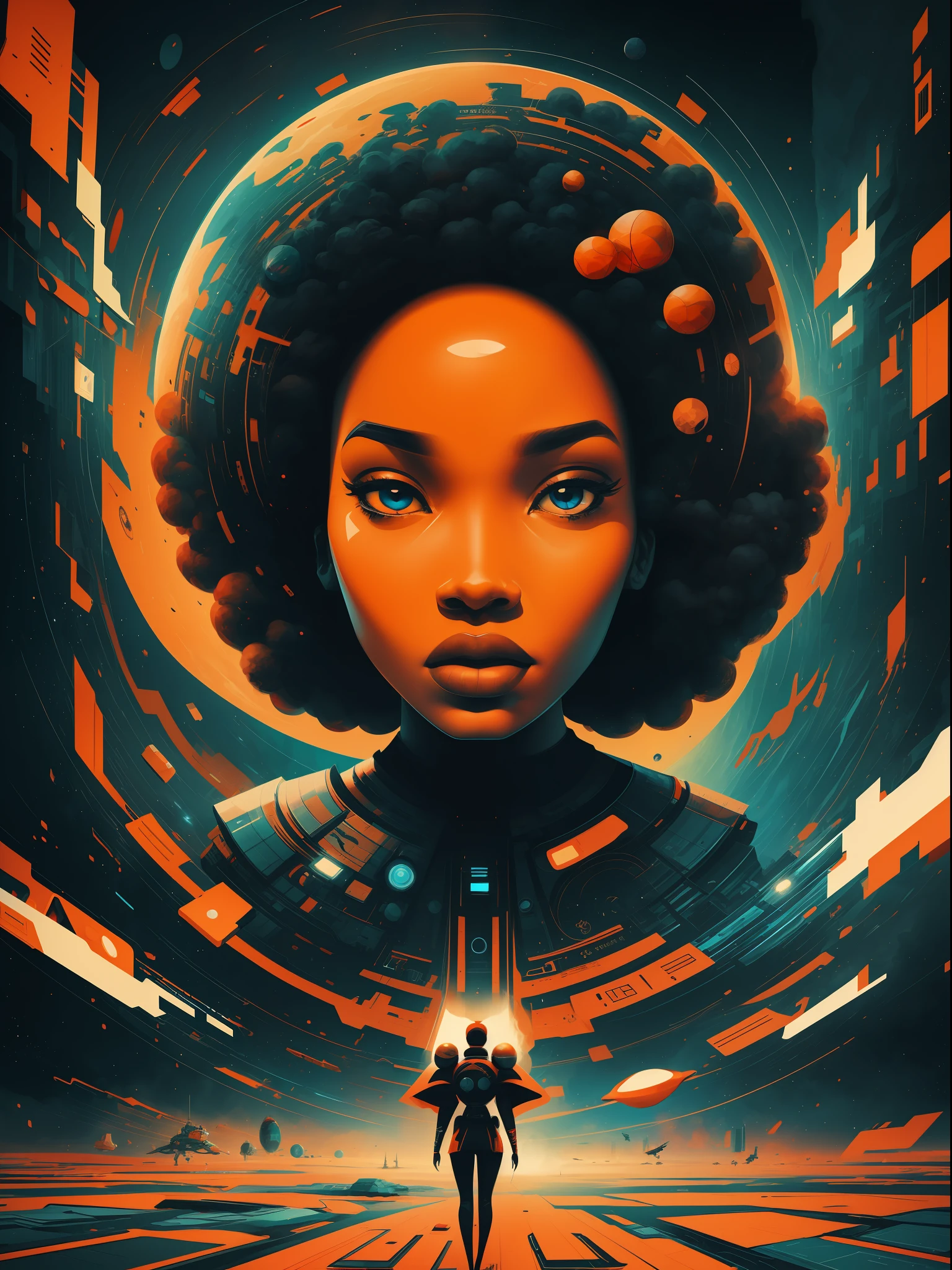 abstract graphics, afrofuturism, 1girl, vintage, scifi, by Petros Afshar
