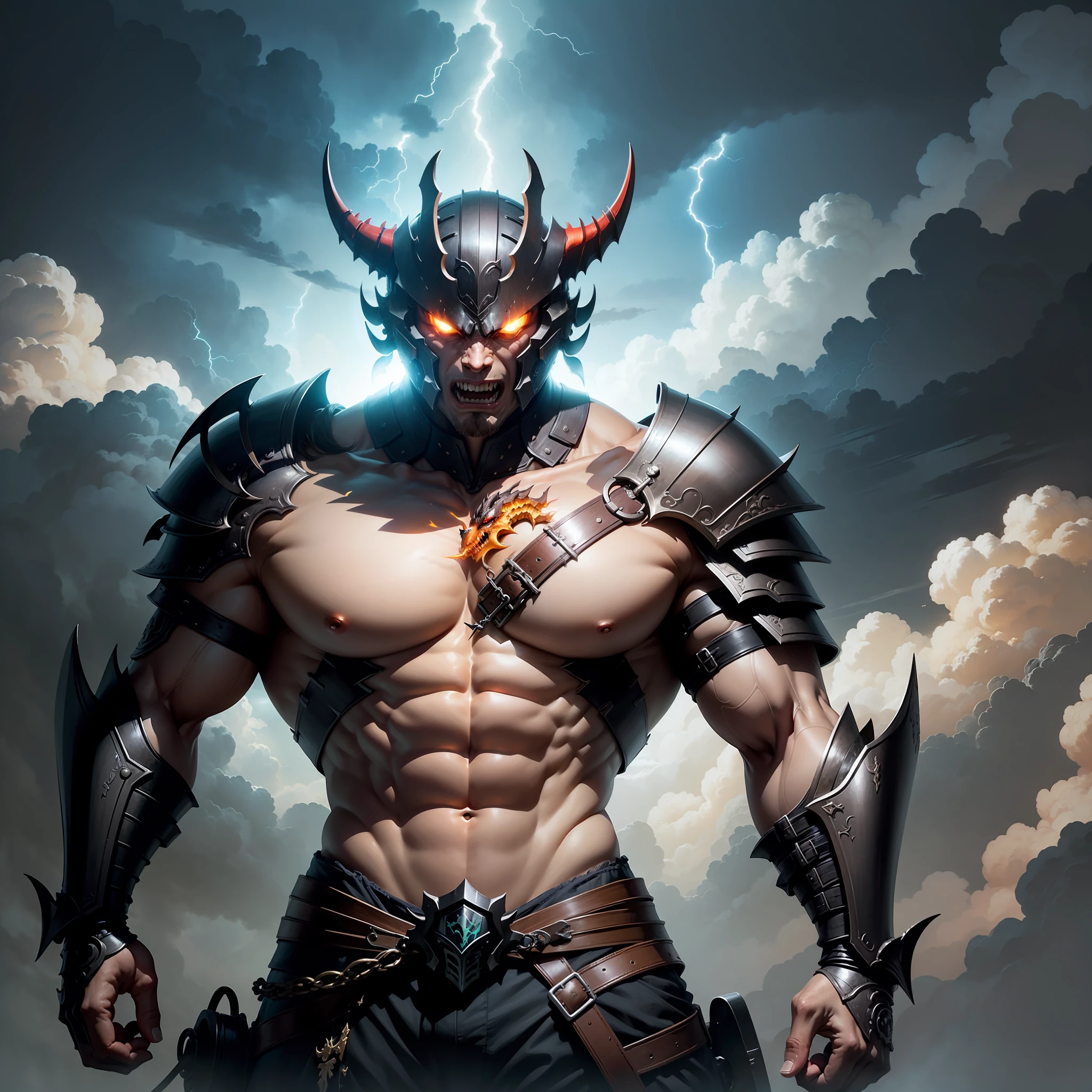 Ryujin，in clouds，Thunder and lightning，thunder，Black clouds，Petrifying，Majesty，highest quallity，Stunning armor，Stout limbs，Strong muscles，dragon-shaped helmet，（thunder），Fully armed，Black magic，Terror armor