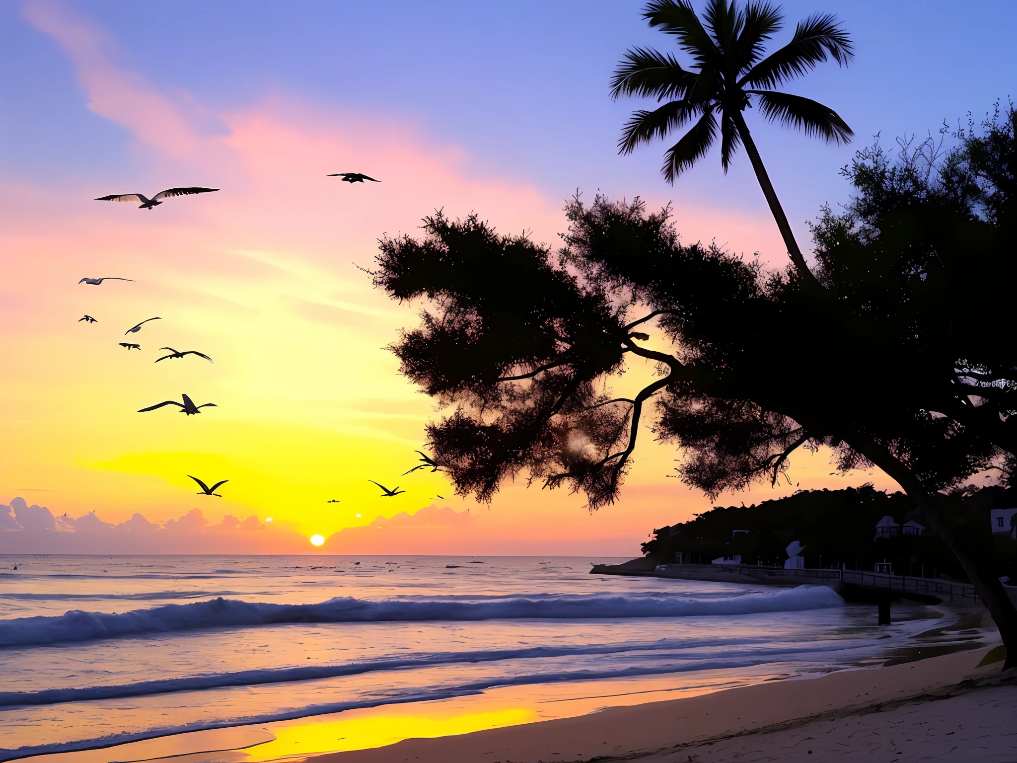 An absolutely mesmerizing sunset over the beach, with a blend of oranges, pinks, and yellows filling the sky. Crystal-clear waters of the sea gently kissing the shore, with sandy white beach stretching far and wide. The scene is dynamic and breathtaking, with seagulls soaring high in the sky and gently swaying palm trees. Take in the calming atmosphere and let the peacefulness wash over you.