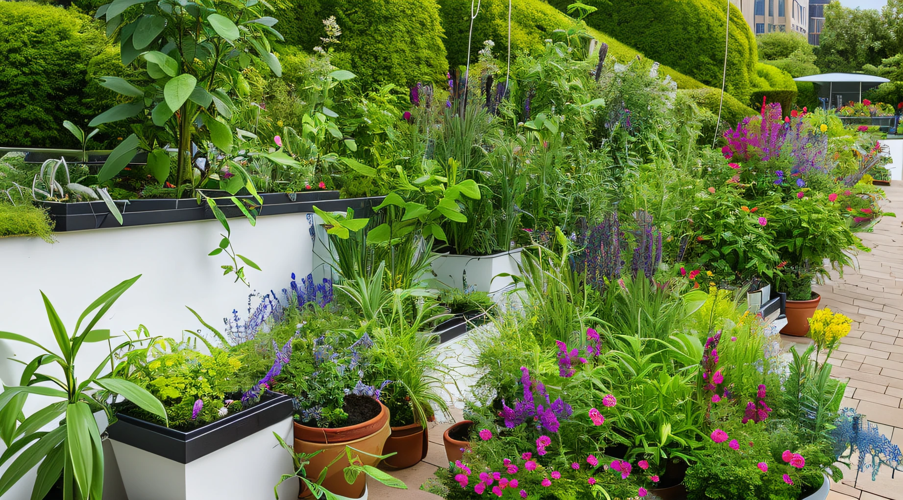 There are many potted plants on the wooden bench,Nature grows around the city,plants on balconies,the city is full of green plants,Lots of plants and flowers,pot plants,Plants are overgrown with plants,Plants on pots and walls,Overgrown with lush plants,Nature returns to the city,Plants and courtyards,Garden covered with canopy,Botanic Garden,Canopy,With membrane,Cover film,highest resolution,Highest image quality,3Drender,8K quality,Super clear,well detailed,Strong authenticity,super-detail,Look down from above,on overlook,Surrounded by cities,Surrounded by two buildings,jiji,casa,sidewalk,potted,on overlook,Viewed from a very high vantage point,Cover this white canopy above the botanical garden,Canopy,Greenhouses,White greenhouse,sprinkling,Sprinkle water droplets on the greenhouse,Spray water onto potted plants,watering