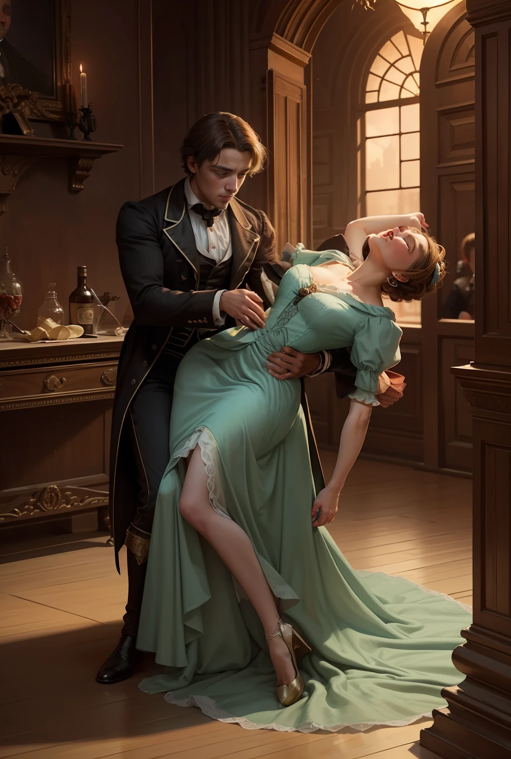 Masterpiece, Highly detailed, Super realistic,Detailed background, Bright lighting, Daylight,
Beautiful face, Beautiful Eyes, medieval style, 1girl and 1boy,
(A girl faints at a party、A man hugs her in his arms),
(Victorian luxury party dresses),