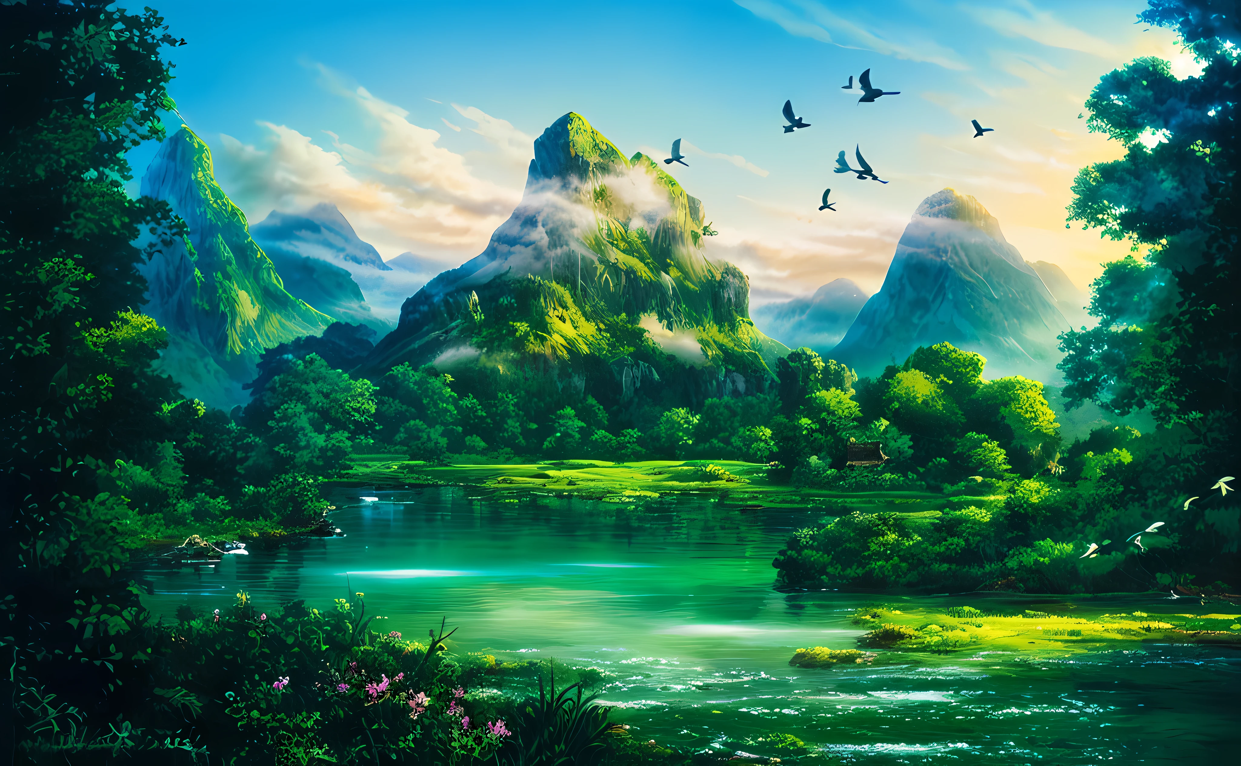 (extremely detailed 8k wallpaper) +, Painting of a mountain scene with a lake and birds flying over it, beautiful mountain background, lakeside mountains, majestic nature scenery, stunning fantasy landscape, dreamlike epic fantasy landscape, highly detailed 4k digital art, fantasy landscape, scenic fantasy, 3D virtual landscape painting, peaceful landscape, natural landscape beauty, fantasy art landscape, high fantasy landscape