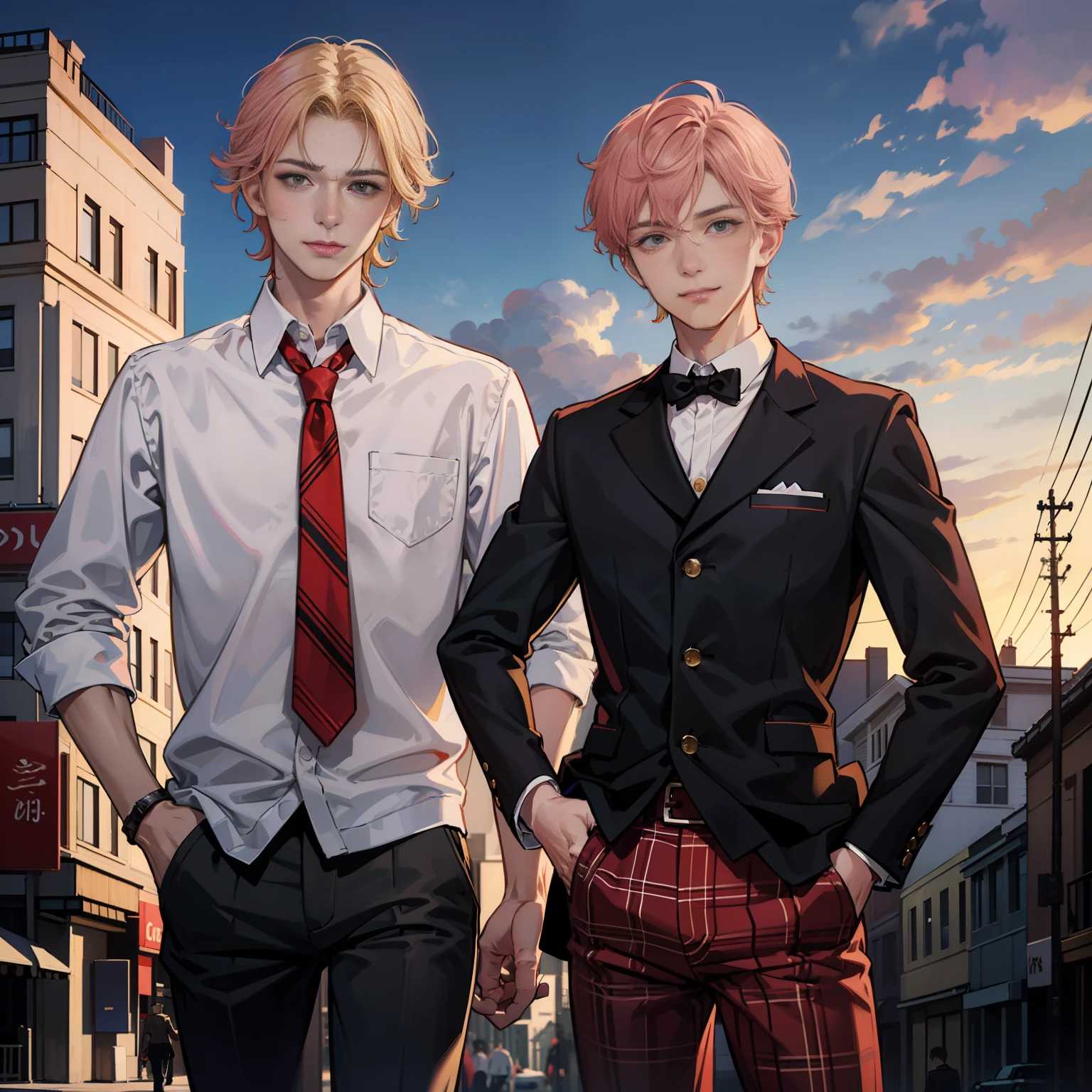 Modern teenage atmosphere,V background,Two young men lean closer to face the camera,The boy on the right has short pink hair, white and red school uniform, and golden pupils,Handsome and healthy,Enter the character shot;The boy on the left has short blonde hair, red and white school uniform, black and gold trimmed plaid pants, smiling happily,Enter the character shot,Surrounded by clear weather and sunset,style of anime,The two watched the camera together