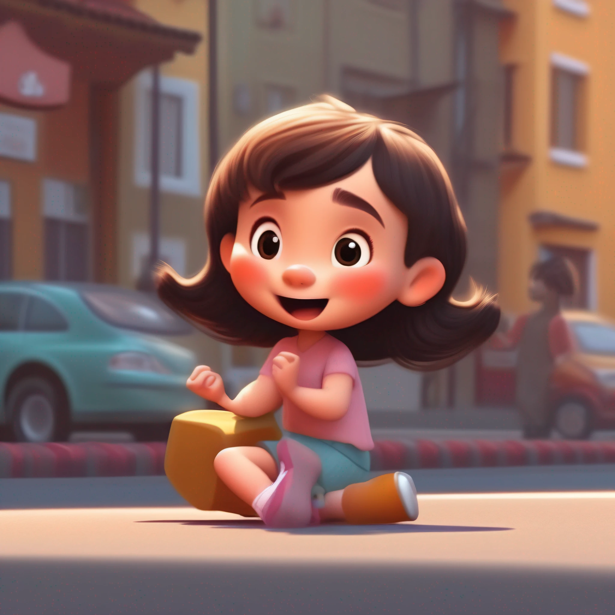 A  girl playing on the side of the road，Cartoon characters