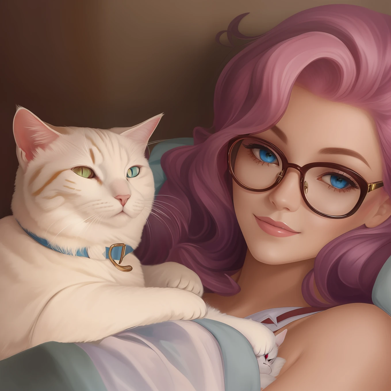 best qulaity,There was a woman with glasses,On the leg is a white cat, Big wavy pink hair,Blue eyes,There is a blue star in the corner of the eye,Sky-colored suspenders