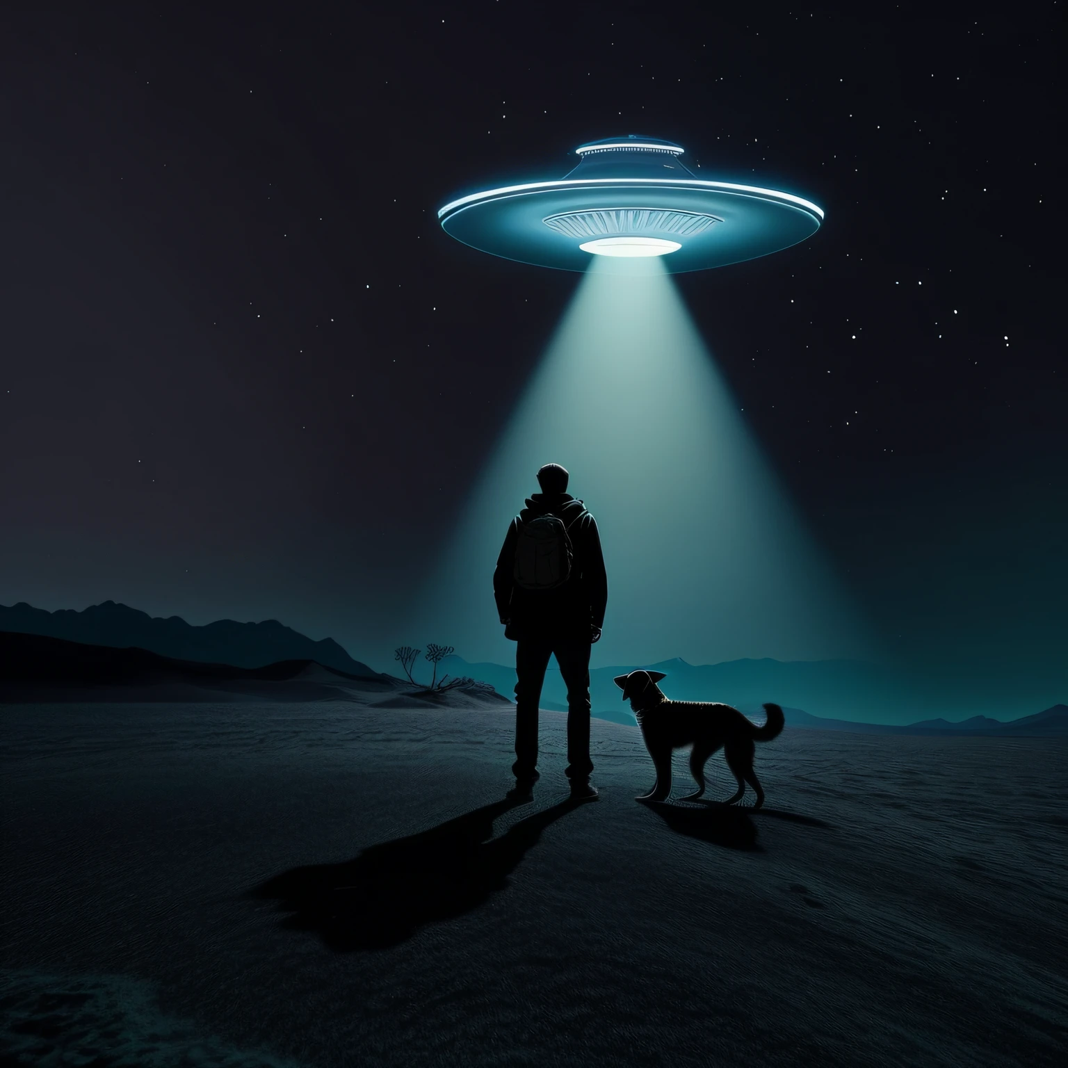 UM HOMEN E UM CACHORRO OBSERVANDO UM DICO VOADOR NO DESERTO, IMAGEM DE ALTA QUALIDADE, MUITO DETALHADA, 8K