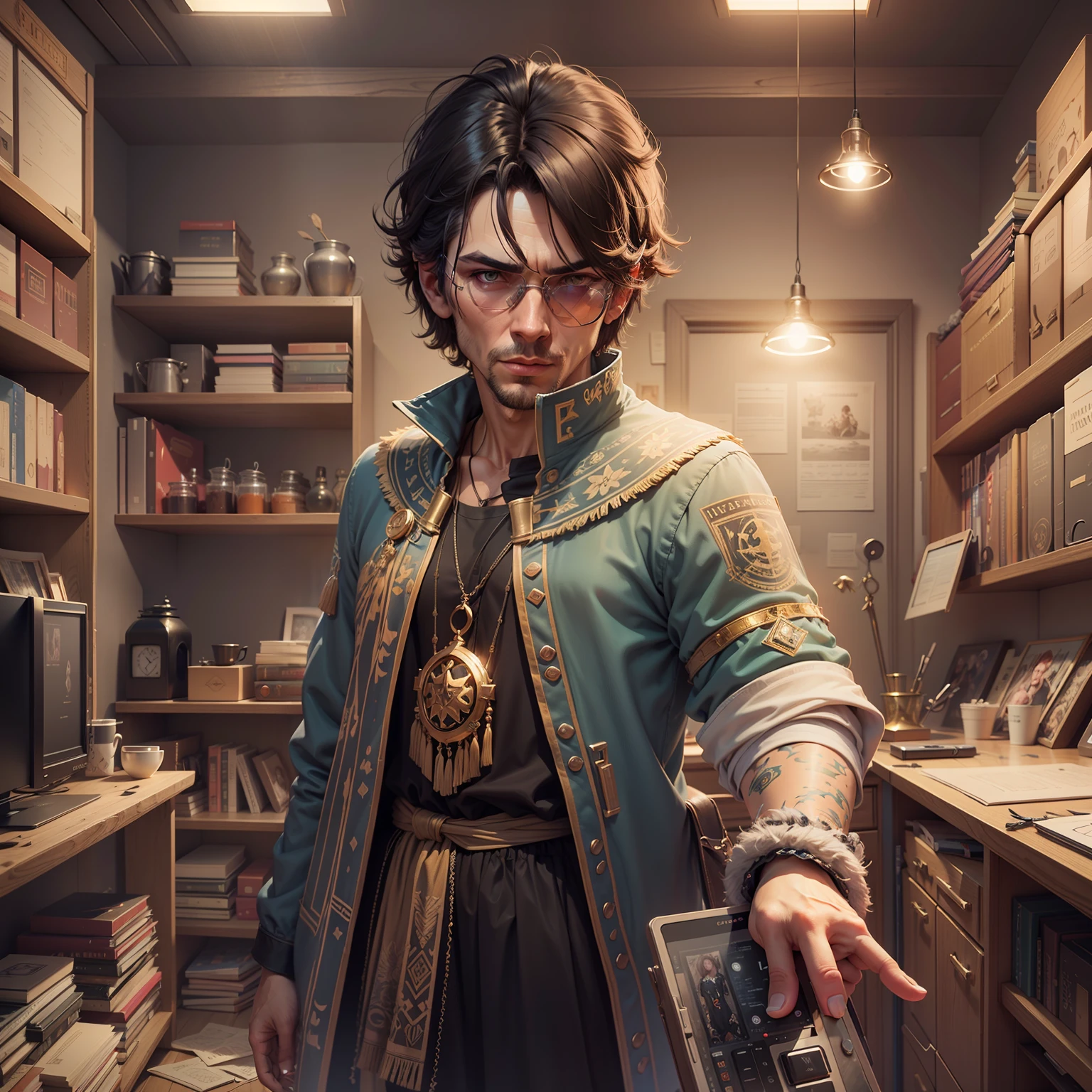 3 d render character art 8 k, by John La Gatta, anton fadeev 8 k, stunning digital illustration, by Arik Brauer, cgsociety concept art, cgsociety 8k,Male Tarot Fortune Teller、Portrait painting、Fortune-telling room、Sunglasses、 --auto