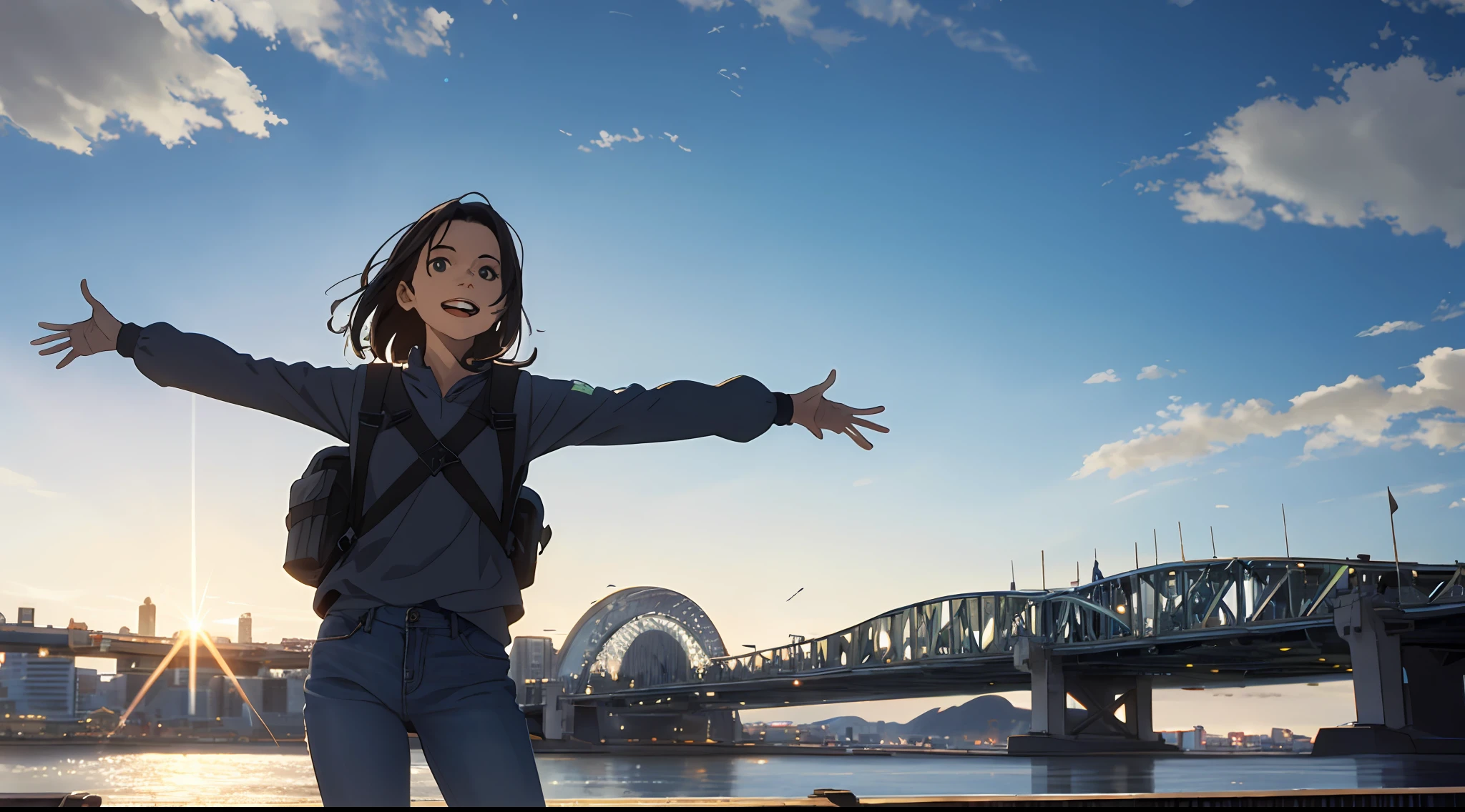 The vast sky, belo horizonte, grandes pastagens, extremely tense and dramatic pictures, efeitos visuais em movimento, Polaris alto suspense, brilho natural colorido. uma menina (feliz) in a long-sleeved top and jeans with a side backpack, look at the sky, Rezando, gratitude, Alegre