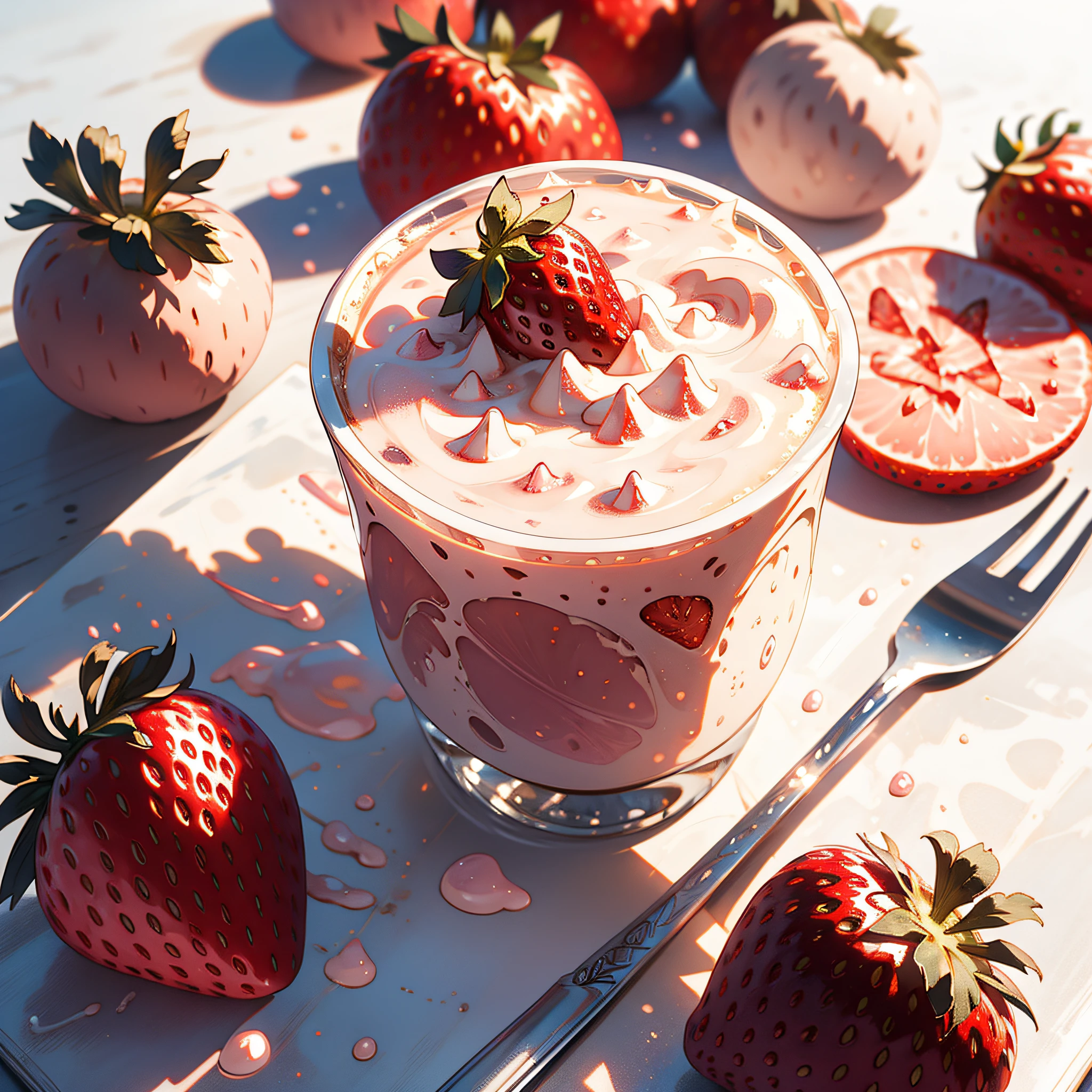 RAW photos,strawberry milkshake,foodphoto,professional colour grading,Soft shadows,no contrast,clean sharp focus,foodphoto,white background,Best Picture Quality,Masterpiece