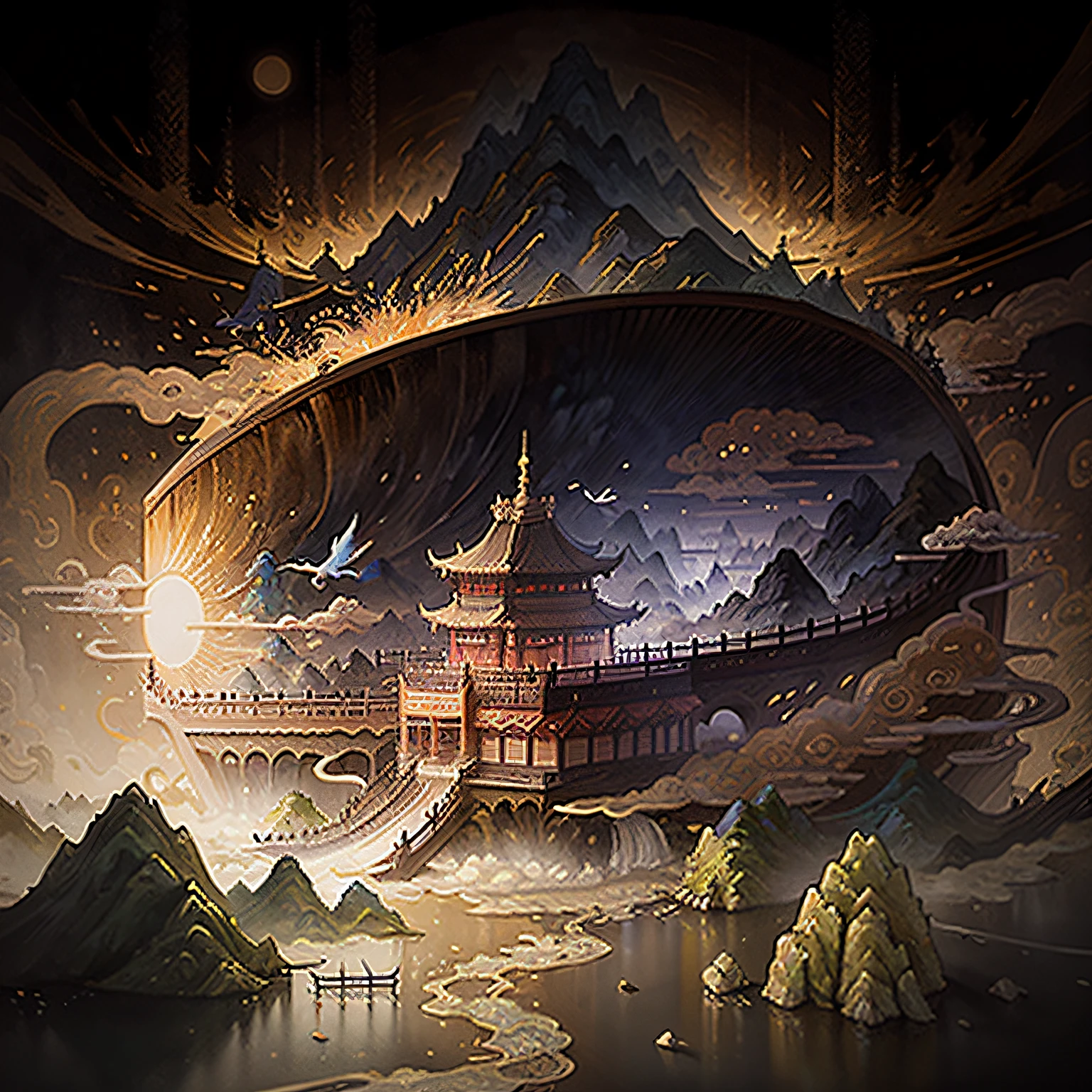 An ancient Chinese painting, Ancient Chinese background, Mountains, Rivers, Auspicious clouds, Pavilions, The sunlight, The Masterpiece, Super detail, Epic composition, Ultra HDR, High quality, Extremely detailed, officlal art, Unified 8k wallpaper, Super detail, - - AR 9 16 --auto