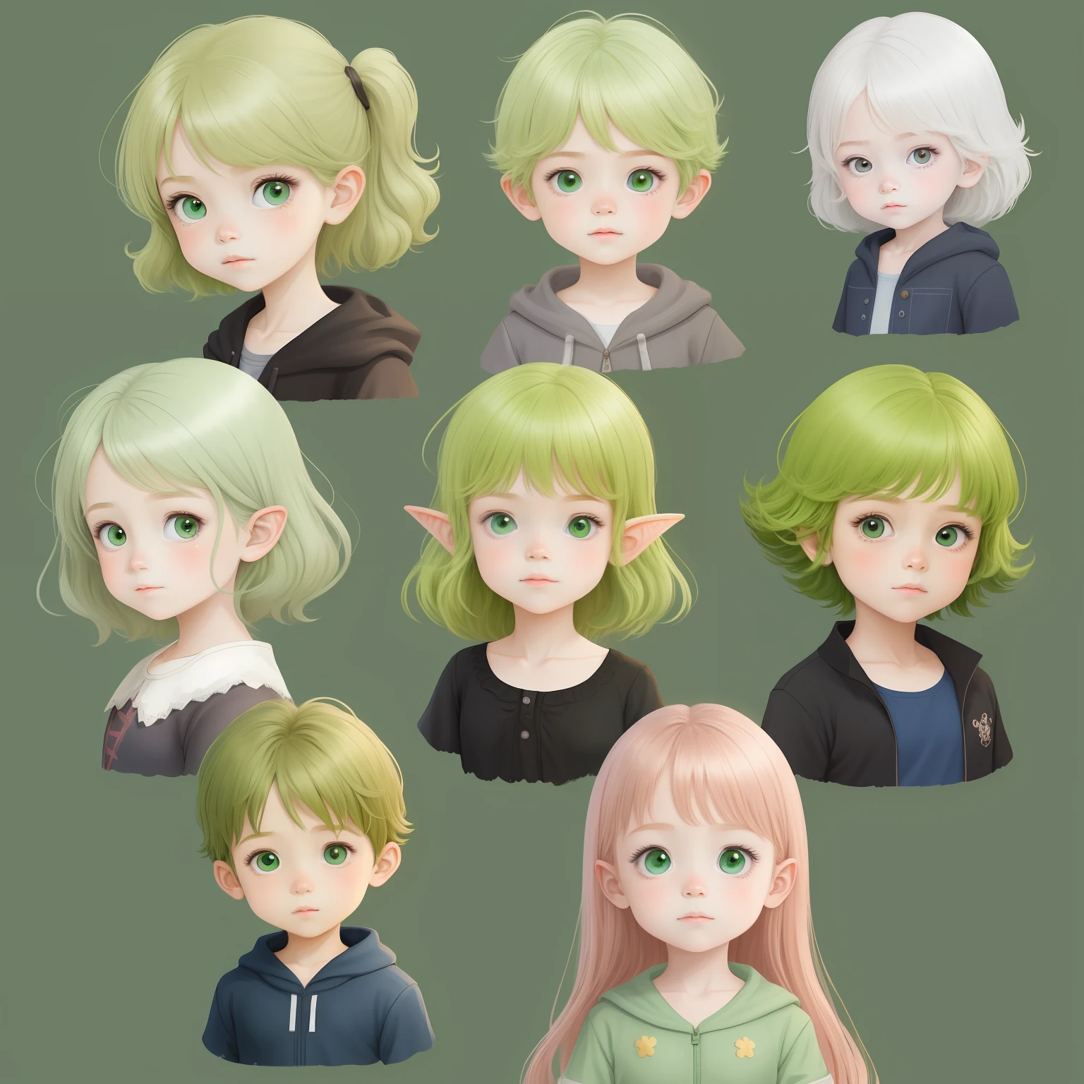 a little fairy child, with various poses and expressions, em um fundo branco, children's book illustration, manga-style, para 6 anos, a girl: de cabelos e vestes verdes com cabelo curto e liso e olhos verdes cintilantes