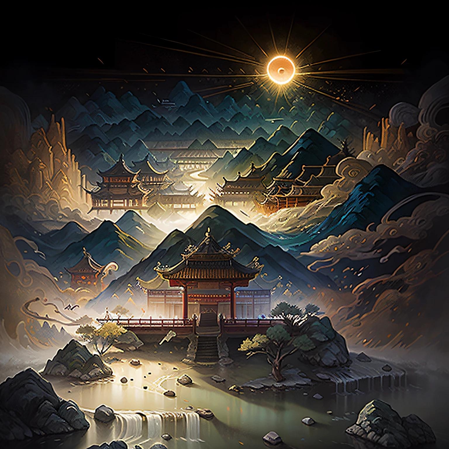 An ancient Chinese painting, ancient Chinese background, mountains, rivers, auspicious clouds, pavilions, sunshine, masterpieces, super detail, epic composition, ultra HD, high quality, extremely detailed, official art, unified 8k wallpaper, Super detail, - - ar 9 16 --auto