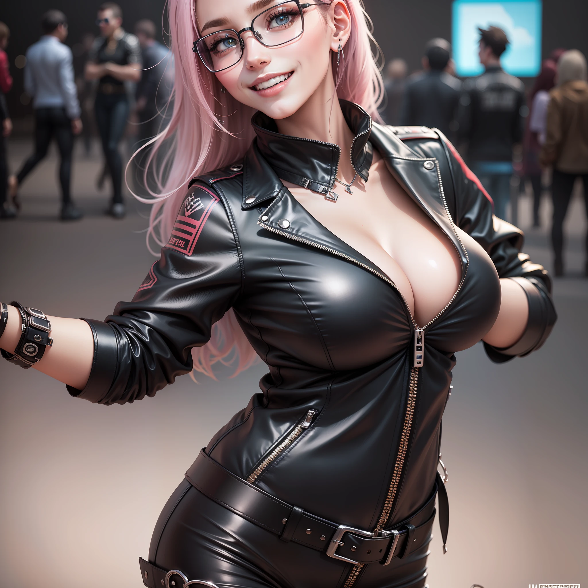 cyber punk a girl A futuristic world Beautiful Girl Leather jacket Leather pants Giant tits smile on face beste Quality A masterpie ultra-highres