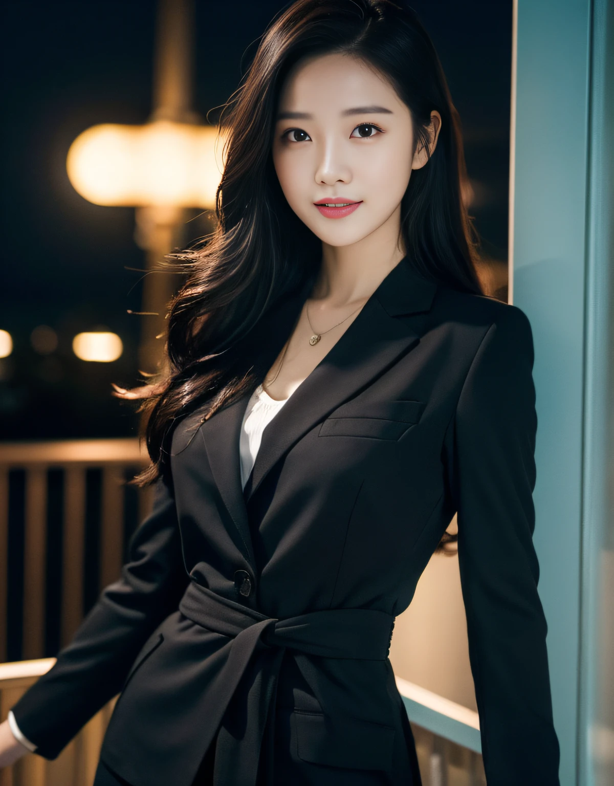 (RAW photograph:1.2),the highest quality, ultra-highres, slim waist, Lovely smile, 8K, Very detailed faces, detailed lips, delicated eyes, Double eyelidd, long black hair, Black-haired god, Top-notch terrace,  next to the reflecting ocean, cinematic shot,expansive cinematic view, Bright and cheerful atmosphere, Lovely eyes, (Suits in white and black)