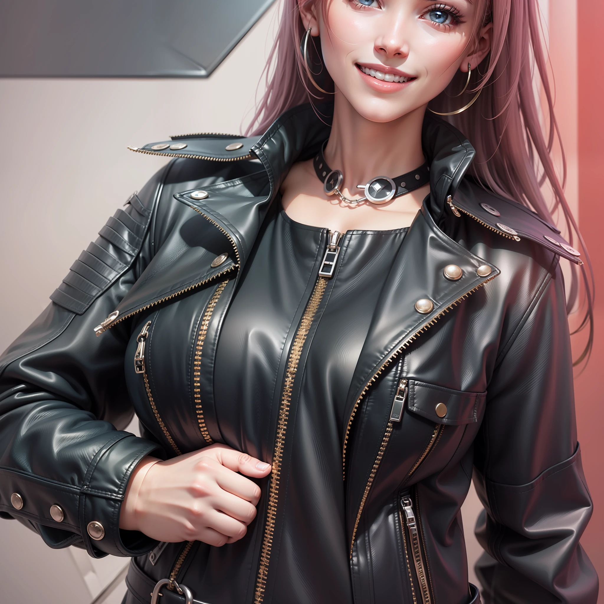 cyber punk　a  girl　A futuristic world　Beautiful Girl　Leather jacket　Leather pants　Giant tits　smile on face　beste Quality　A masterpie　ultra-highres