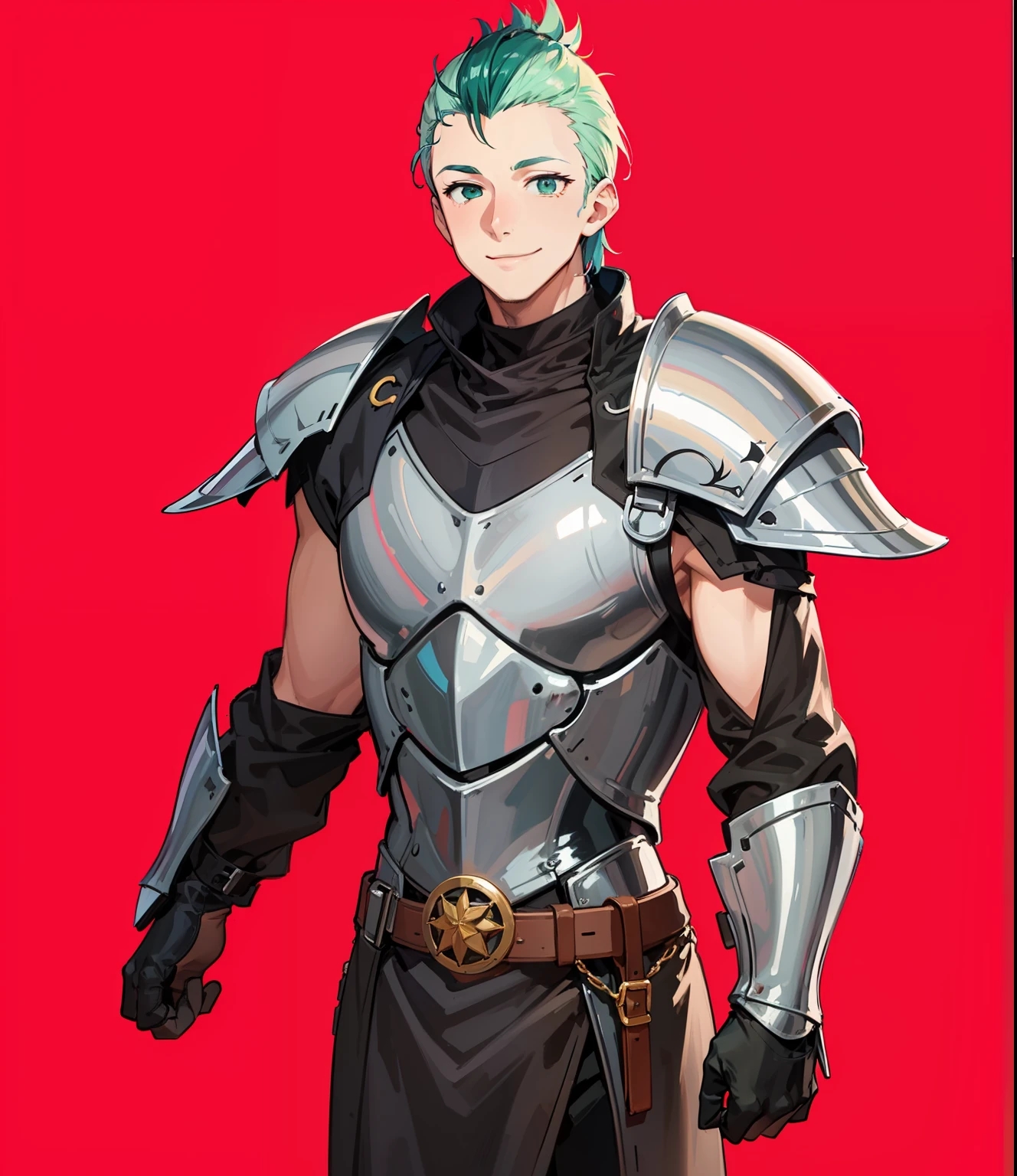 Screenshot of Anime A 28-year-old man with green mohawk hair in a medieval European knight costume stands looking at us with a very big smile。The body shape is thin。Fine line art 2020s anime