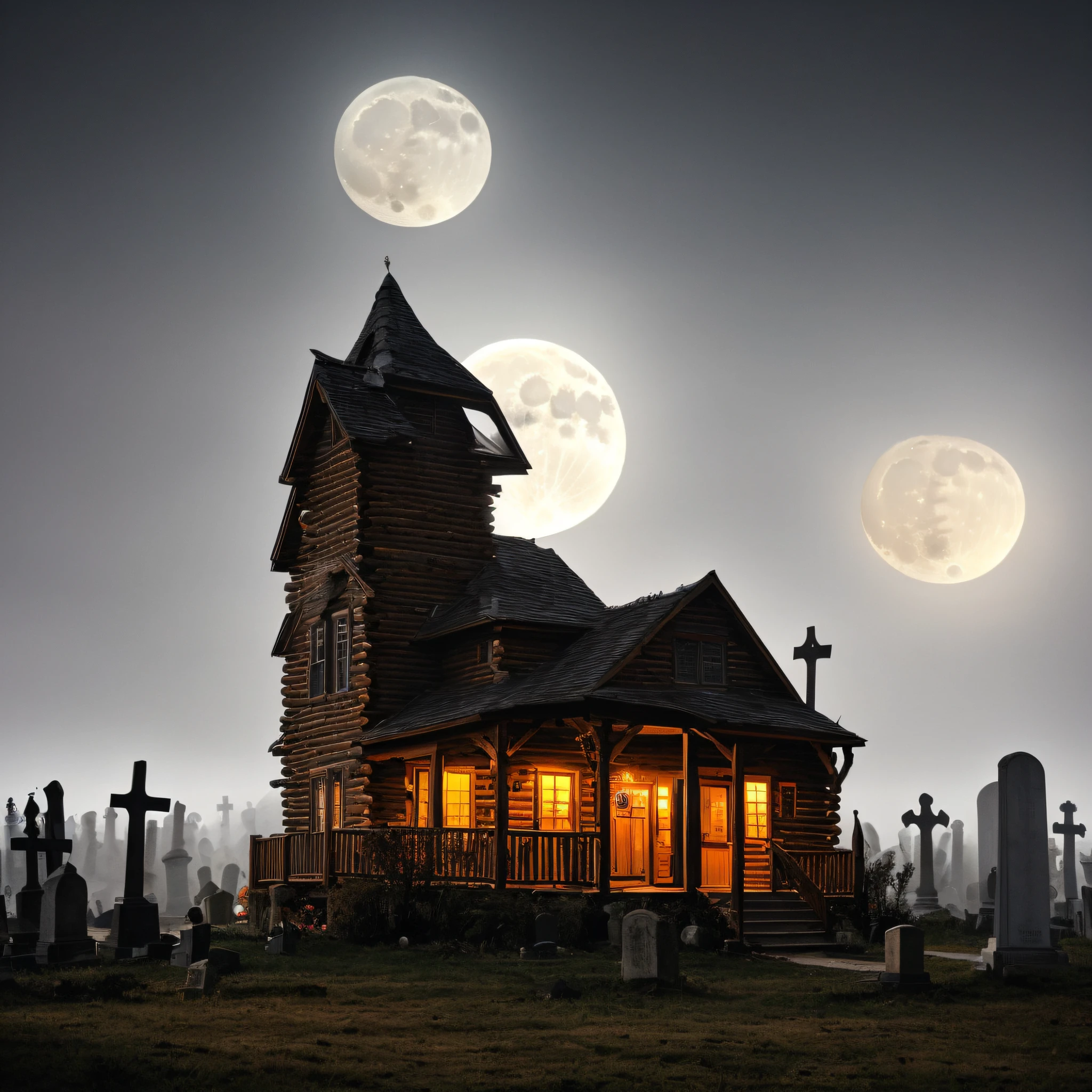 (Two-level cabin terrorizes the center of a night cemetery with full moon and fog) un asesino vestido d enegro con una guitarra electrica en la mano tocando una melodia entre las lapidas tenebrosas y un gato negro diabolico arriba d euna de las palpidas