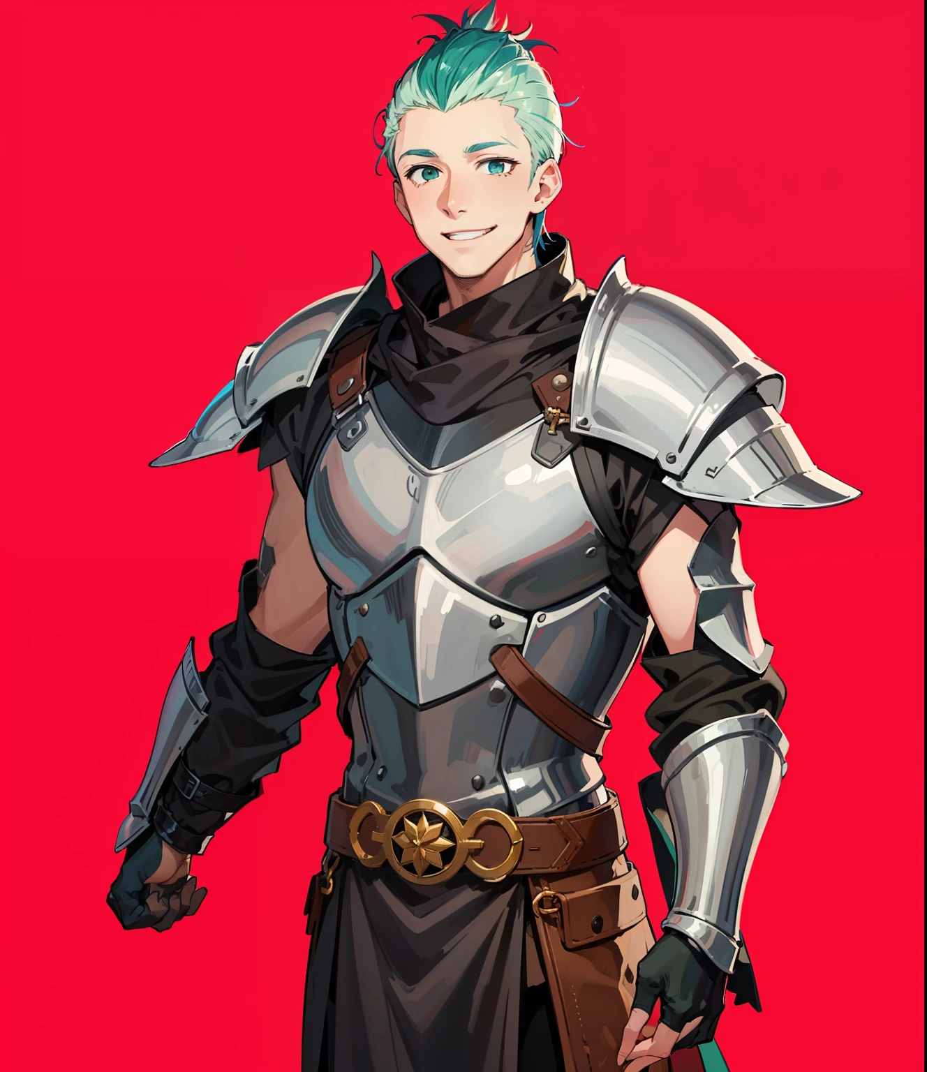 Screenshot of Anime A 28-year-old man with green mohawk hair in a medieval European knight costume stands looking at us with a very big smile。The body shape is thin。Fine line art 2020s anime
