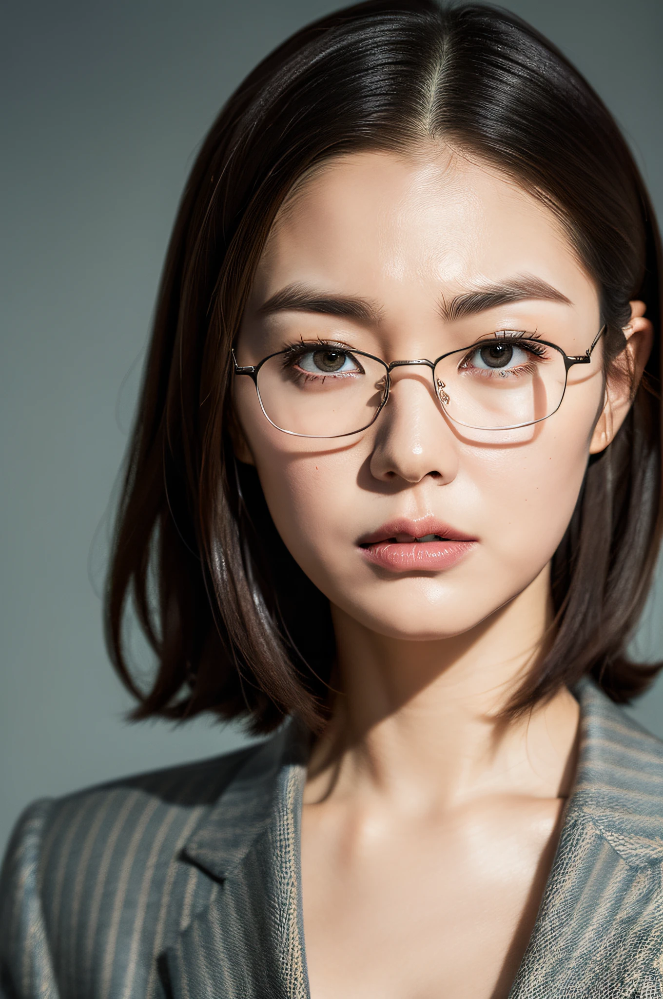 (((anger)))、Angry eyes、Angry eyebrows、Female President、beste Quality、in 8K、A masterpie:1.3、Sharp focus:1.2、Woman with perfect body shape:1.4、Realistic rays、suits、Black glasses、short-hair、Brown hair、