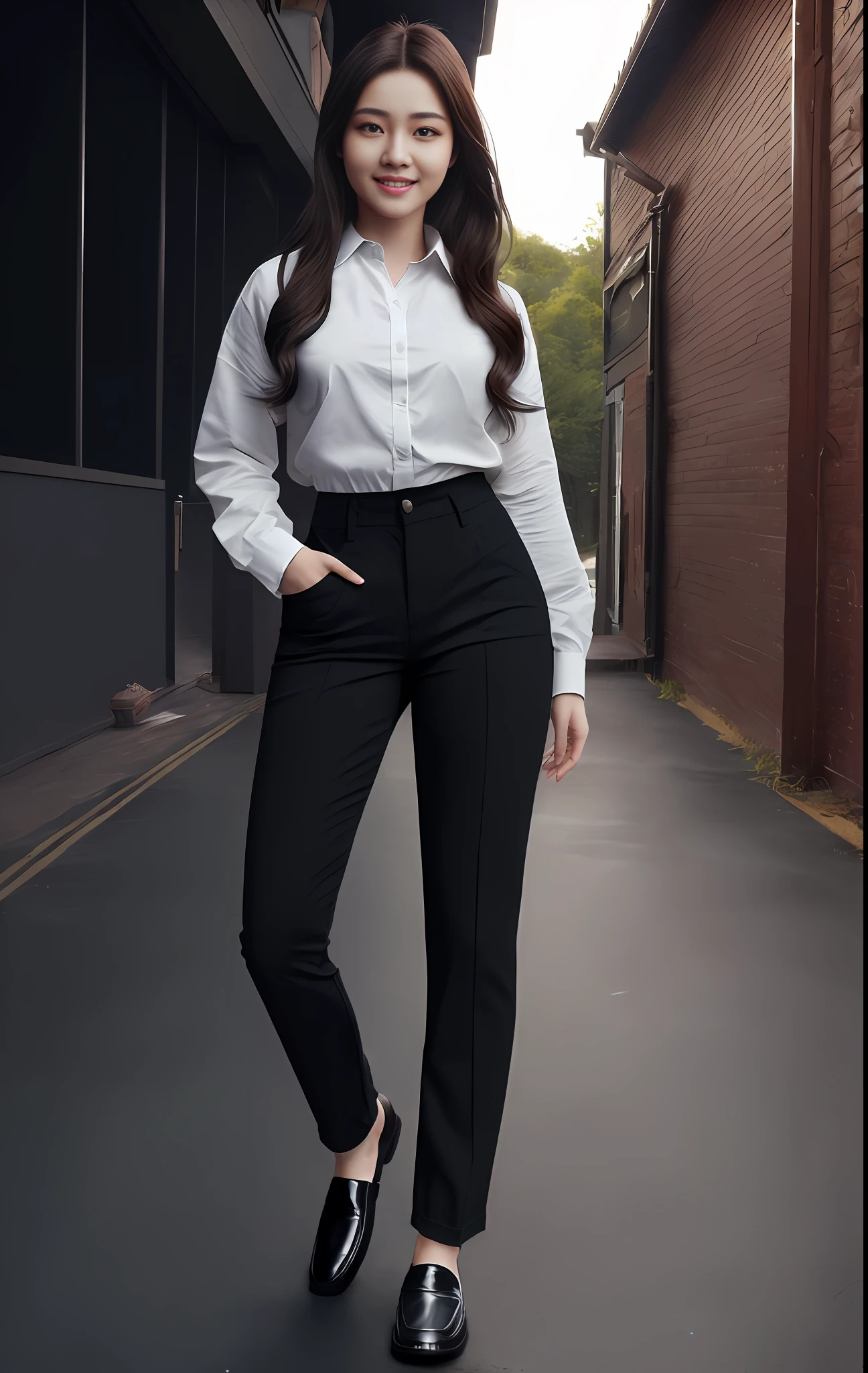 ((best Quality)), ((A masterpiece)), (ultra-high resolutiom), (ultra realisic), (Ultra detailed), (photorealistic), (8K),(lumen reflections, ultra realisic,
(Cinemtic ligting:1.3),
(1girls, solo, 20-year-old:1.4), beautiful detailed face、lifelike face、Symmetrical clear eyes, smiling, natural makup, Realistic detailed skin,realistic skin textures, full full body, long hair、High-waisted pants、loafers、Dynamic Action Pose