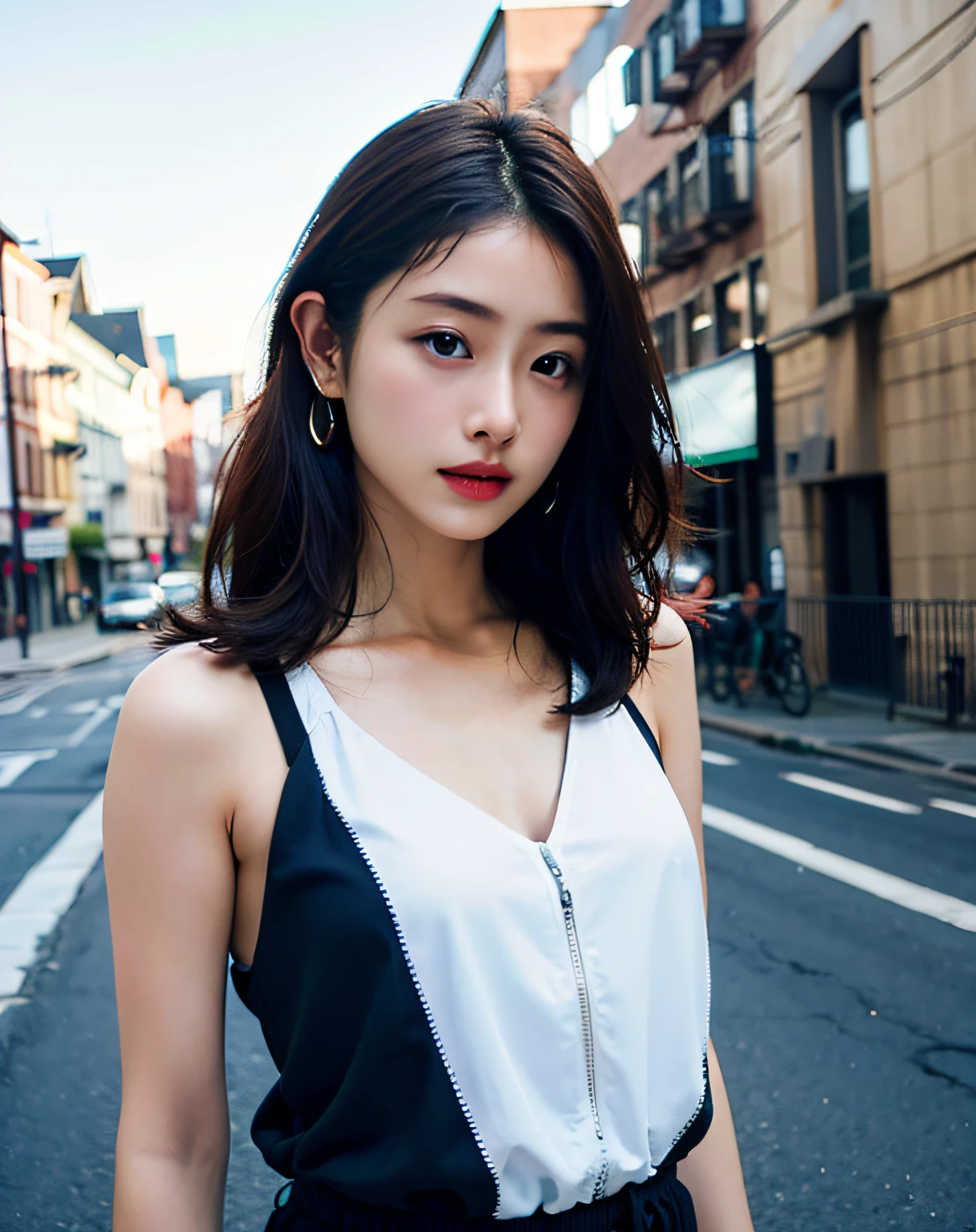 Woman posing on street corner、beste Quality、a highres、8K、The girls 1 people、(small tits)、during the day、well lit、al fresco、(Street:0.8)、(The human々、crowd:1)、、gorgeou、(Medium Hair)、Beautiful detailed sky、Beautiful earrings、(dinamic pose:0.8)、 (upper-body:1.2)、Soft lighting、Vents、Lustrous skin、line of sight、Casual wear,Realstic