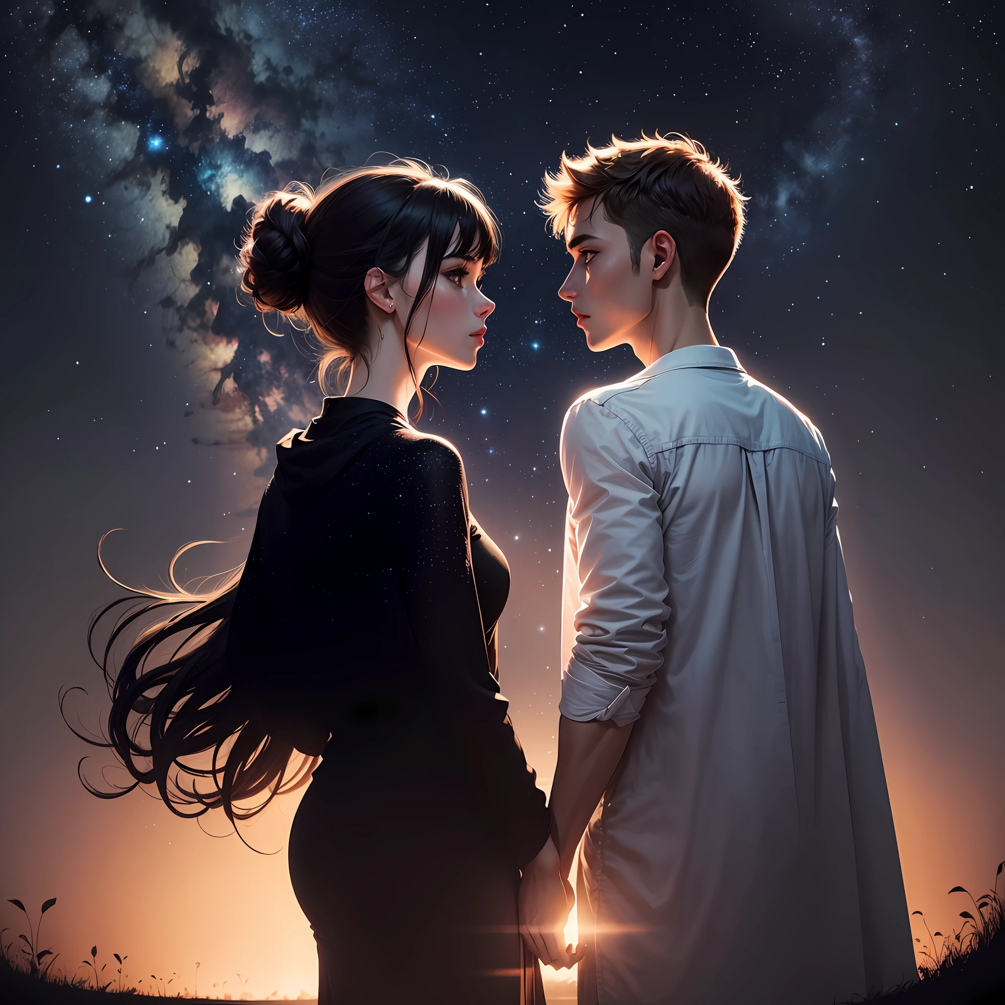 Uma capa de livro, only the black shadow of the silhouette of the romantic couple , and countless beautiful stars in the sky --auto