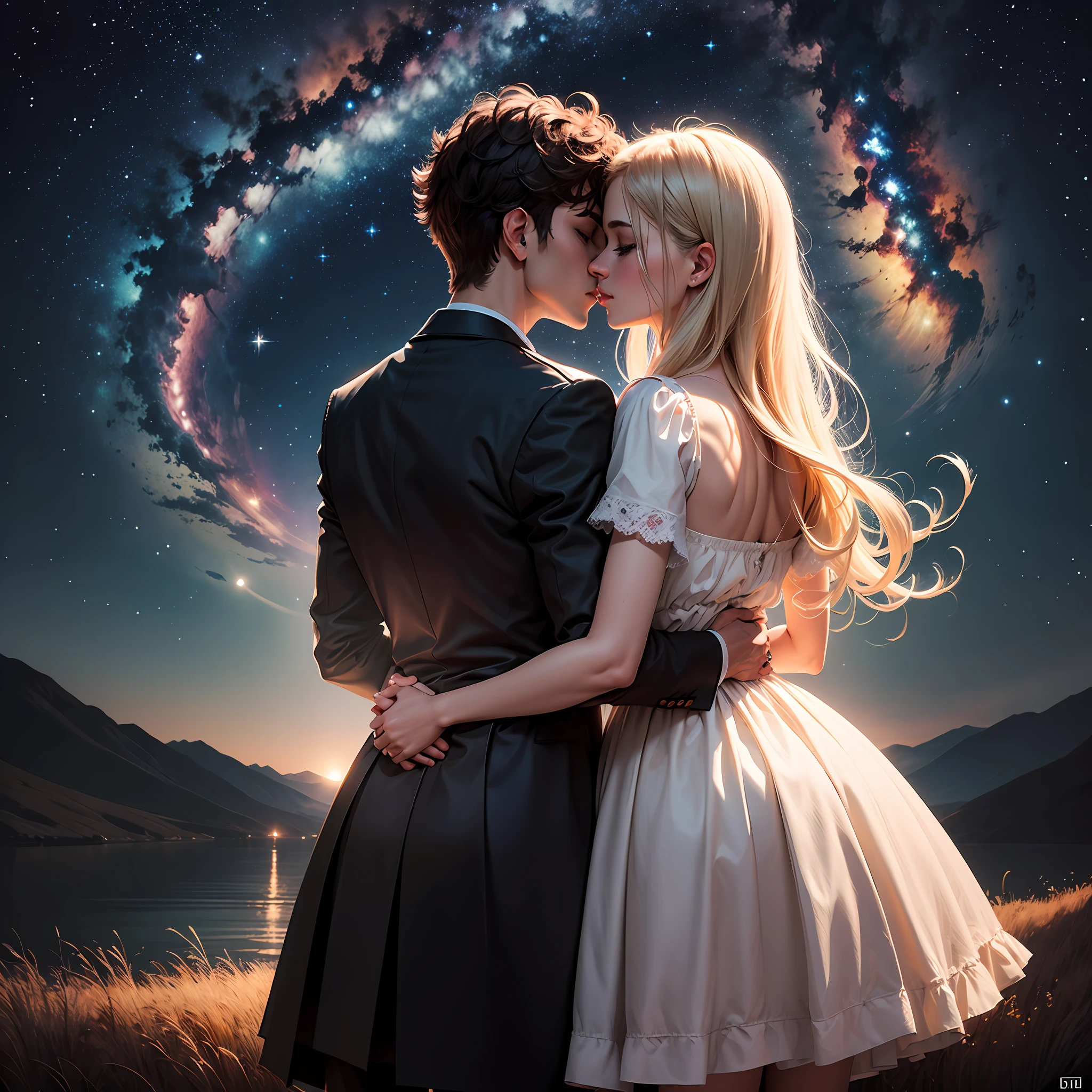 Uma capa de livro, only the black shadow of the silhouette of the romantic couple , and countless beautiful stars in the sky --auto