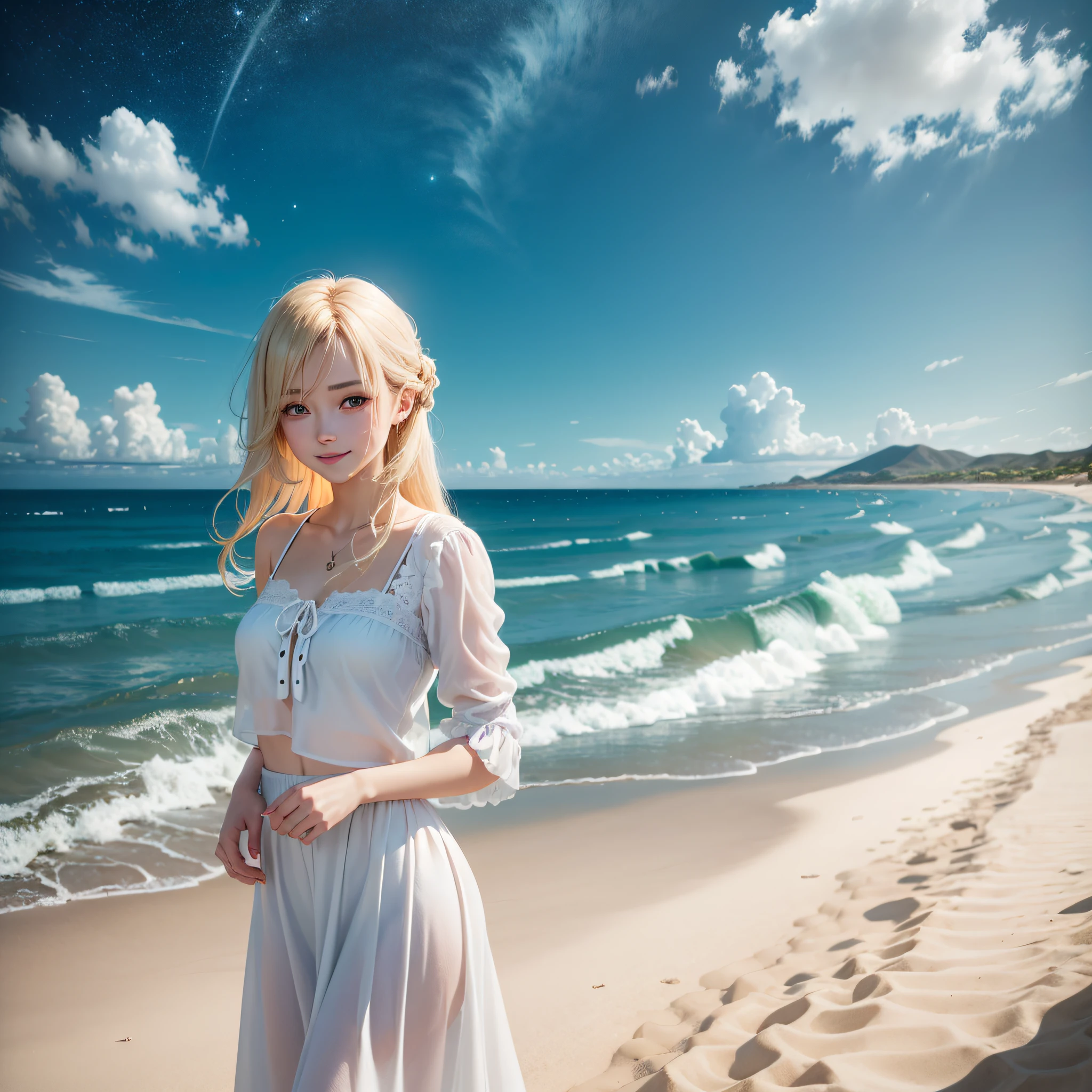 Woman with long blonde hair,bangs are short,Blue eyes,a Pretty,アニメ,mystical,a sea,seashore,Transparent,ren,Girl walking on sandy beach,Fantastical,Blue sky,yami,smile on face,xia,starlight,White skirt,wonderful,A sexy,Western,stars,