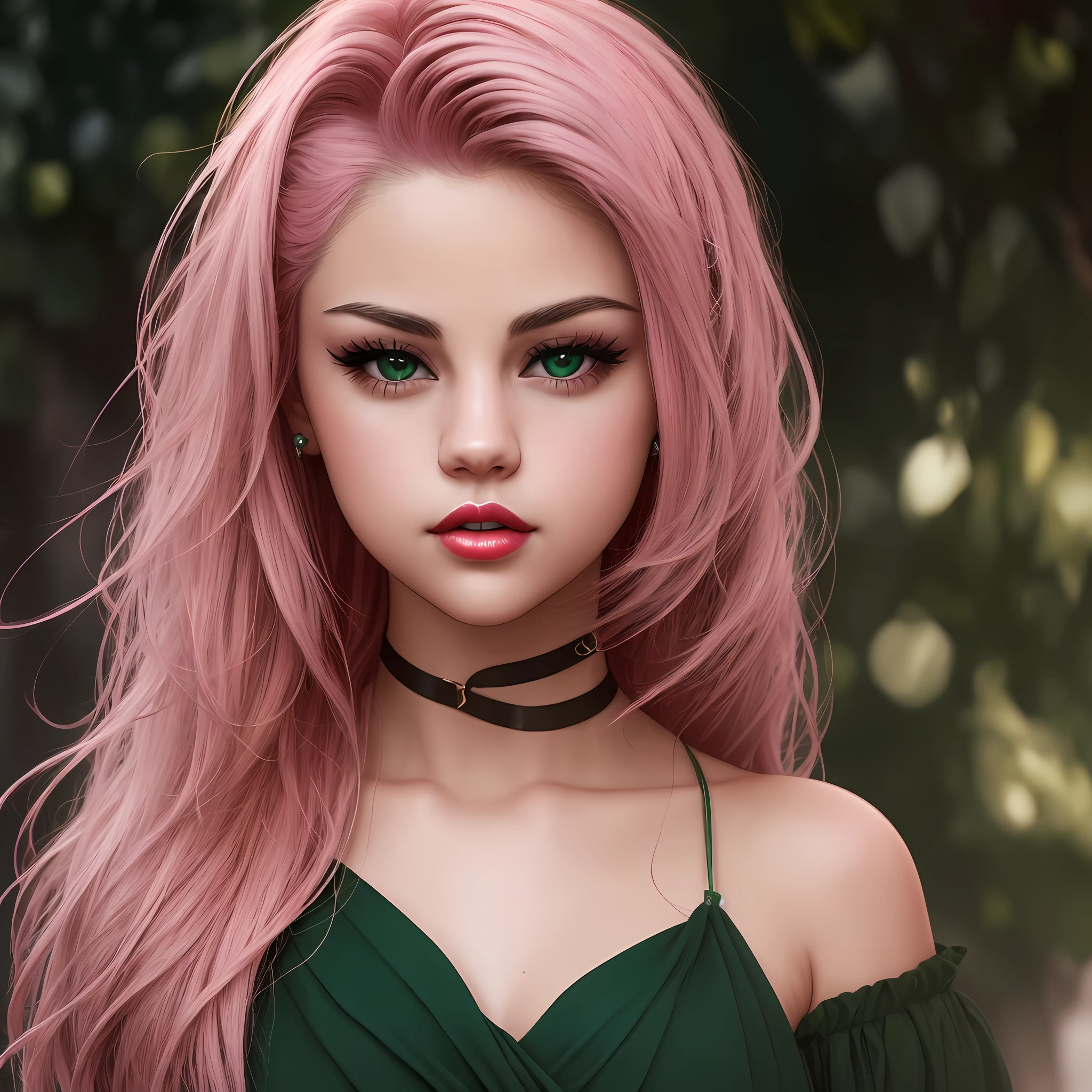 Make ultra-realistic and very high resolution photo of singer Selena Gomez with pink hair, red lipstick on green lips and eyes, Her pink hair is in the strong and shiny shade and her looks are sexy --auto