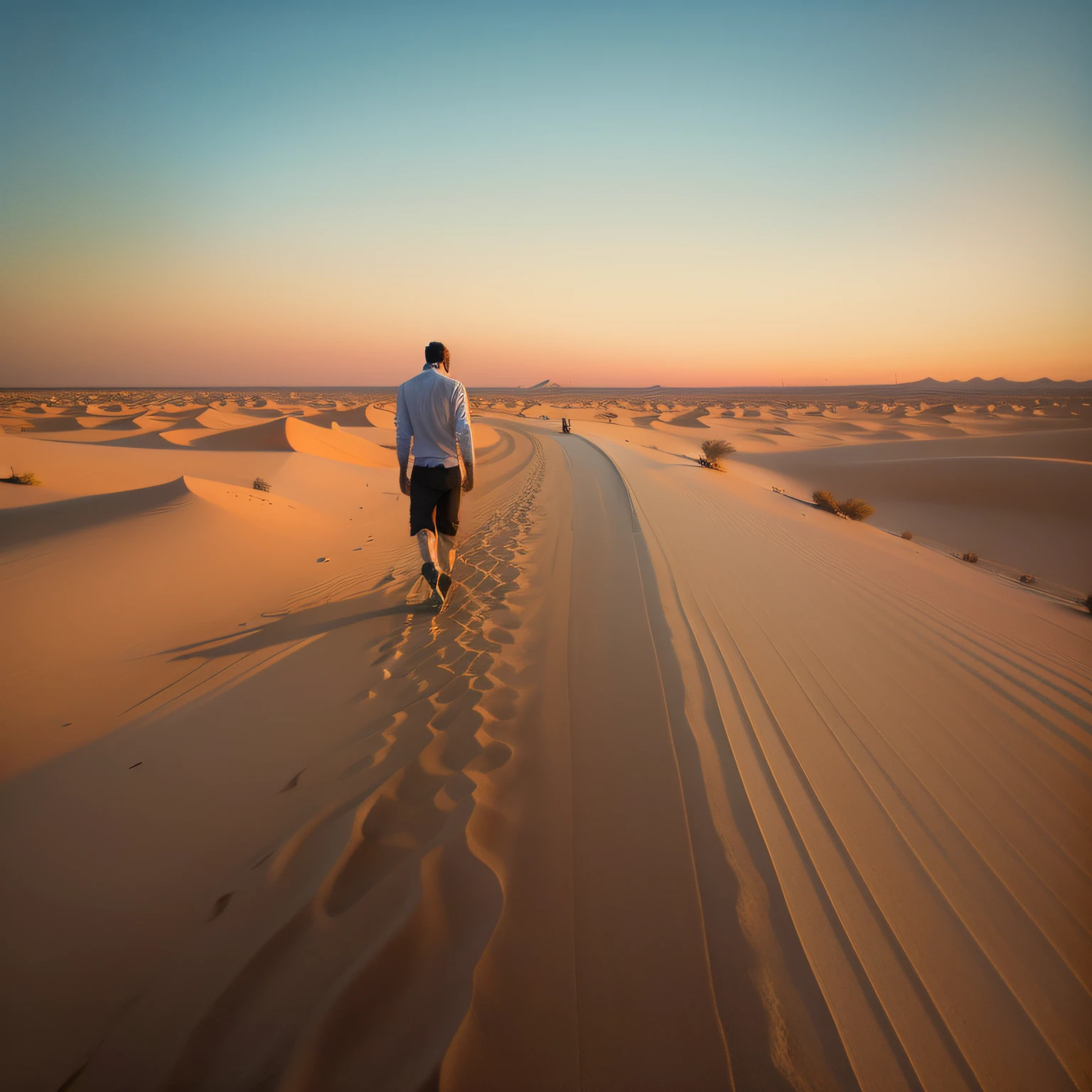 Man with his back near the horizon walking on a long road in the desert and the sky with pastel shades