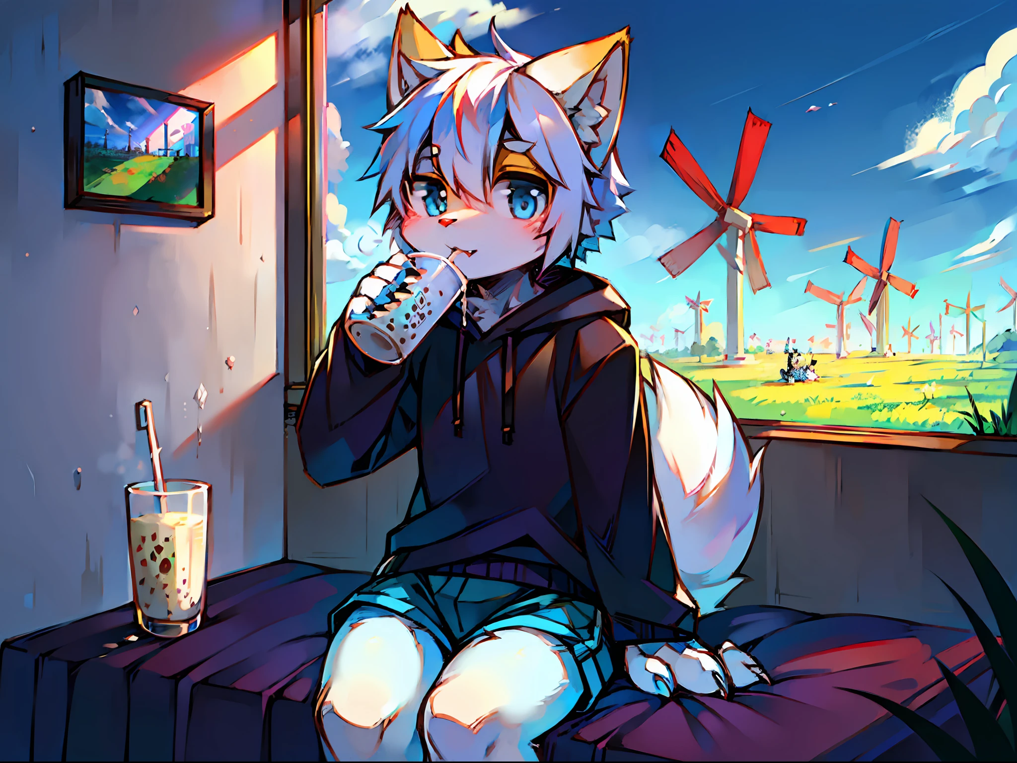 Kittens，iwhite colored hair，White ears，Blue eyes，White limbs，Light blue beast claws，White cat tail，Shota，Cutes，The Masterpiece，Wear a black sweatshirt and shorts，sitting on a bed，Drinking milk tea，A self-portrait hangs on the wall，Outside the window are windmills and plains