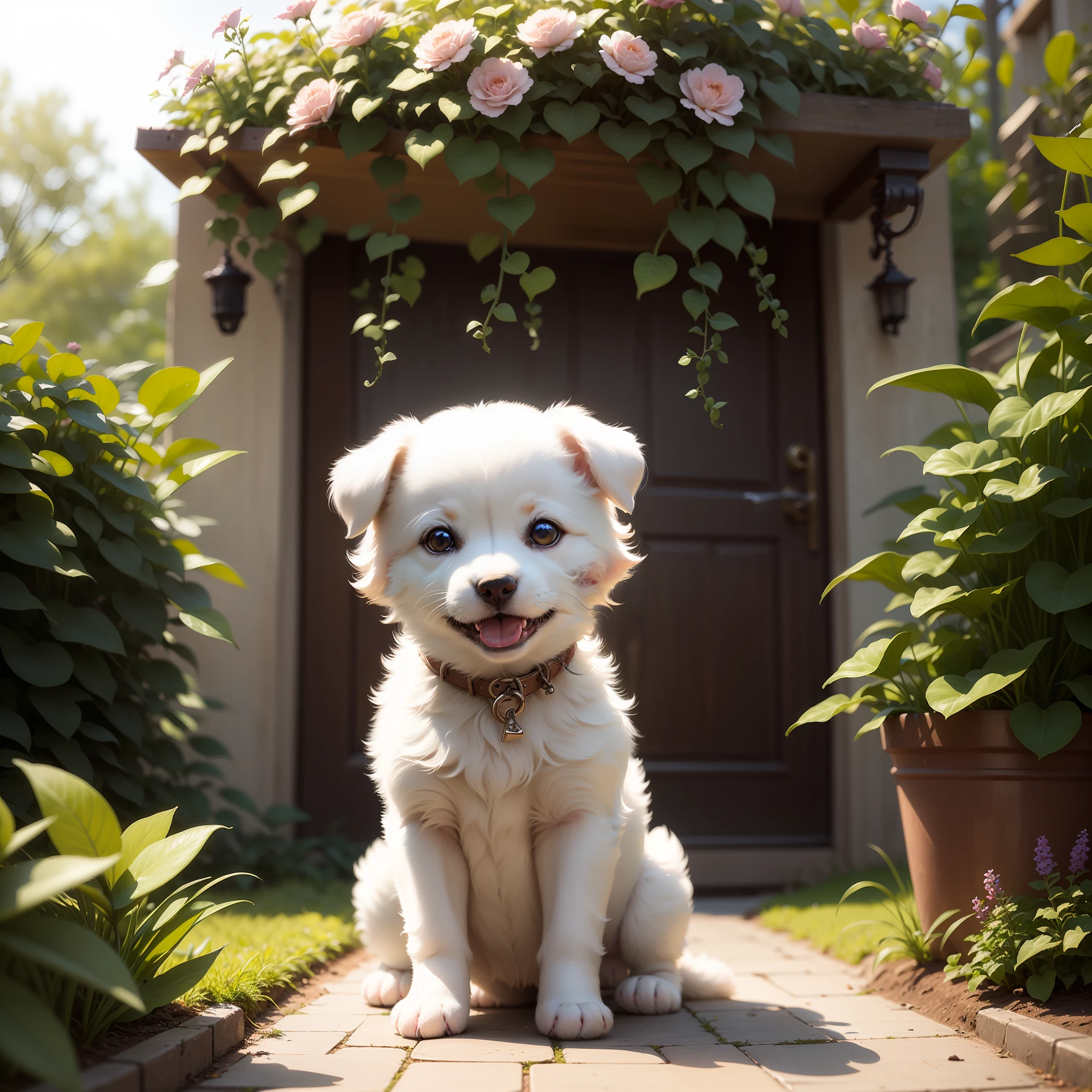 Little white puppy，Very happy、Lovely，Sunlight shines into the garden，cheerfulness，The details are clear --auto